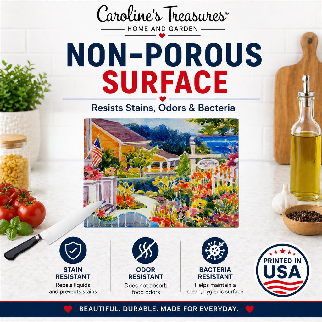 Seaside Beach Cottage Cutting Board Tempered Glass Kitchen Cutting Surface, Heat Resistant Chopping, Non-Slip Feet, Food Prep & Serving