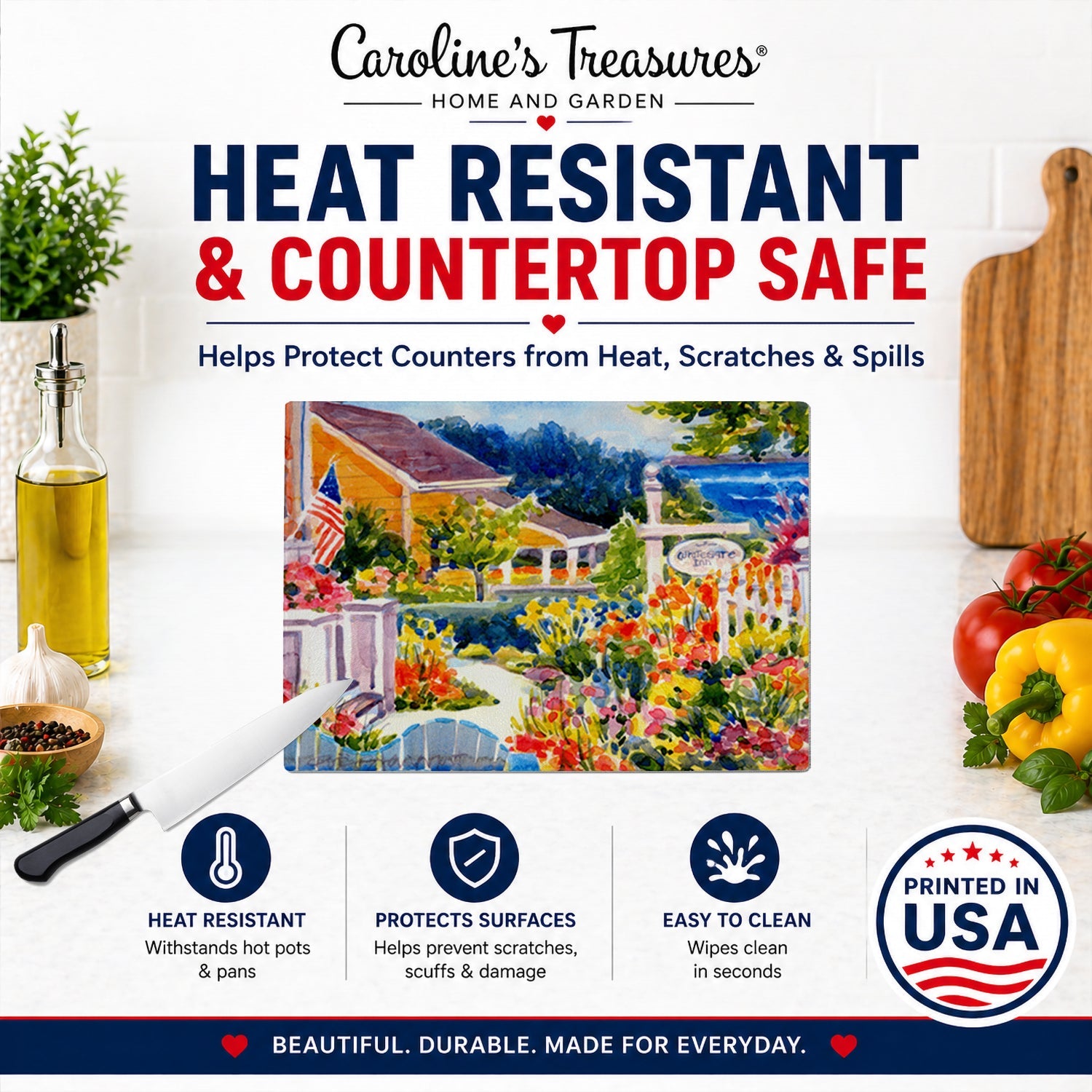 Seaside Beach Cottage Cutting Board Tempered Glass Kitchen Cutting Surface, Heat Resistant Chopping, Non-Slip Feet, Food Prep & Serving