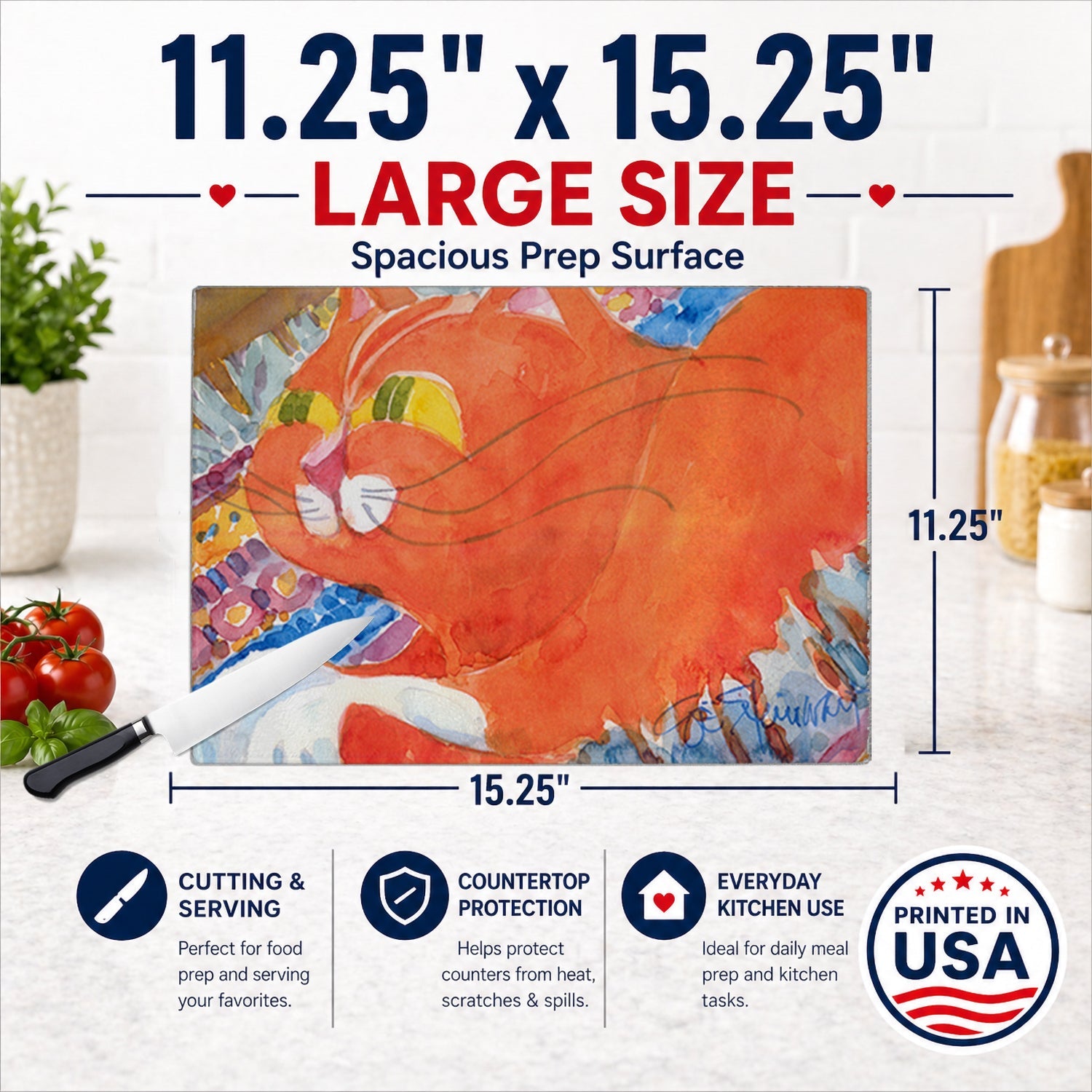 Cat Cutting Board Tempered Glass Kitchen Cutting Surface, Heat Resistant Chopping, Non-Slip Feet, Food Prep & Serving