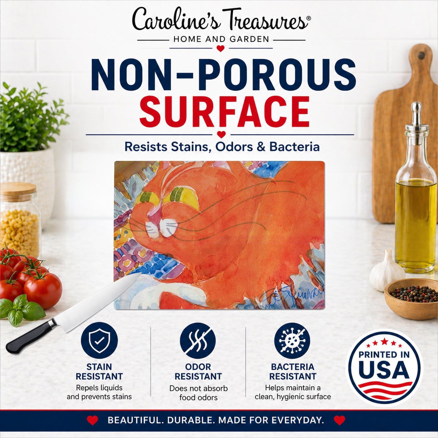 Cat Cutting Board Tempered Glass Kitchen Cutting Surface, Heat Resistant Chopping, Non-Slip Feet, Food Prep & Serving