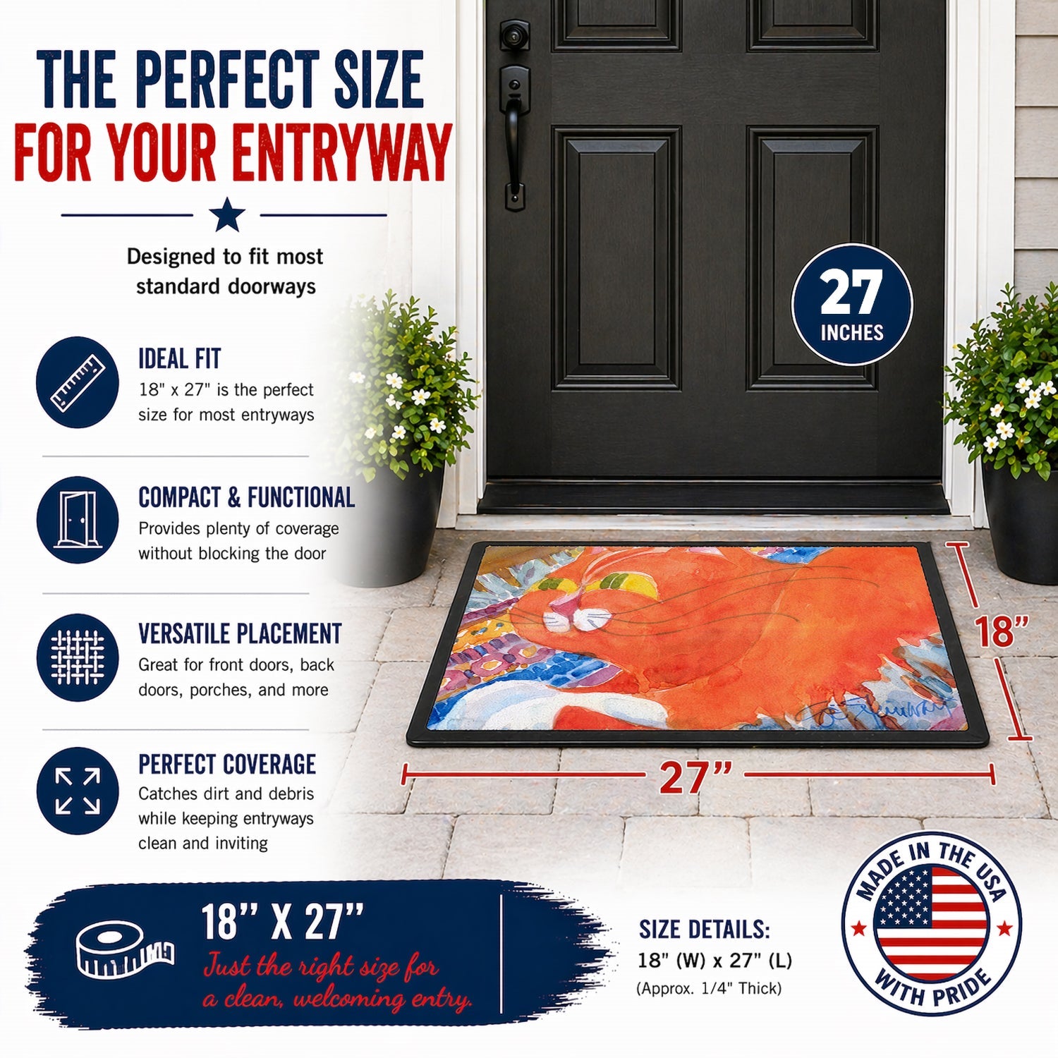 Cat Doormat Indoor Outdoor 18H X 27W Front Door Mat Rugs for Entryway, Non Slip Washable