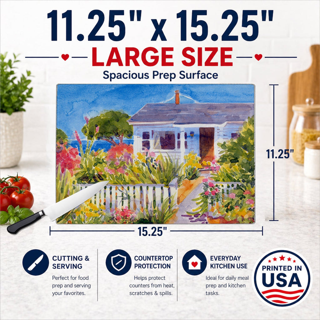 Seaside Beach Cottage Cutting Board Tempered Glass Kitchen Cutting Surface, Heat Resistant Chopping, Non-Slip Feet, Food Prep & Serving