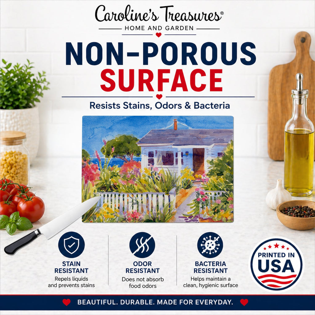 Seaside Beach Cottage Cutting Board Tempered Glass Kitchen Cutting Surface, Heat Resistant Chopping, Non-Slip Feet, Food Prep & Serving