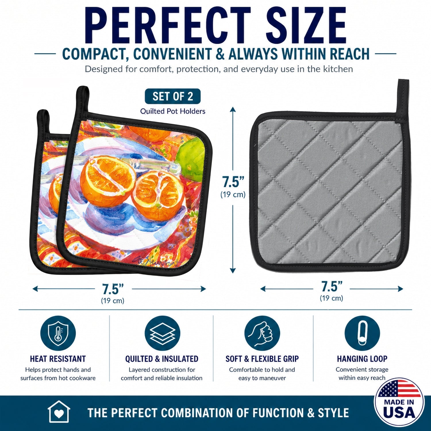 Florida Oranges Sliced for breakfast Pot Holder Set of 2 Heat Resistant Quilted Hot Pads 7.5 x 7.5 Inch, Insulated Kitchen Trivets for Cooking & Baking