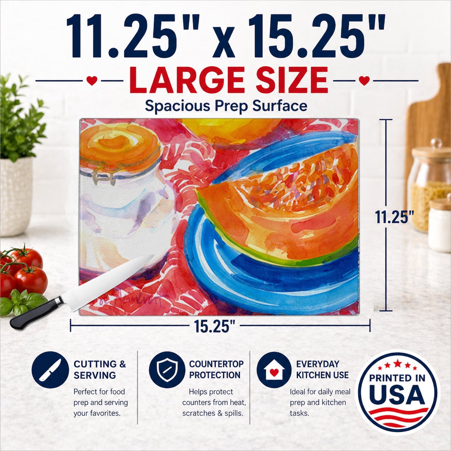 A Slice of Cantelope Cutting Board Tempered Glass Kitchen Cutting Surface, Heat Resistant Chopping, Non-Slip Feet, Food Prep & Serving
