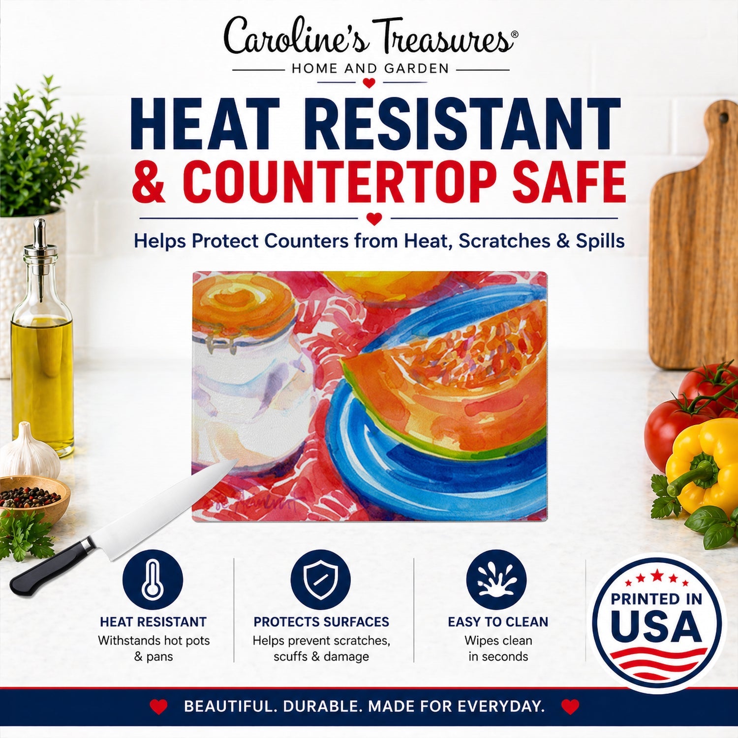 A Slice of Cantelope Cutting Board Tempered Glass Kitchen Cutting Surface, Heat Resistant Chopping, Non-Slip Feet, Food Prep & Serving