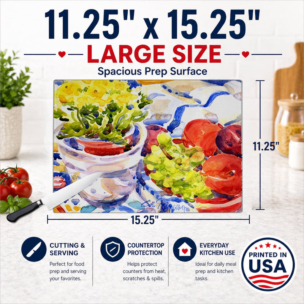 Apples, Plums and Grapes with Flowers Cutting Board Tempered Glass Kitchen Cutting Surface, Heat Resistant Chopping, Non-Slip Feet, Food Prep & Serving