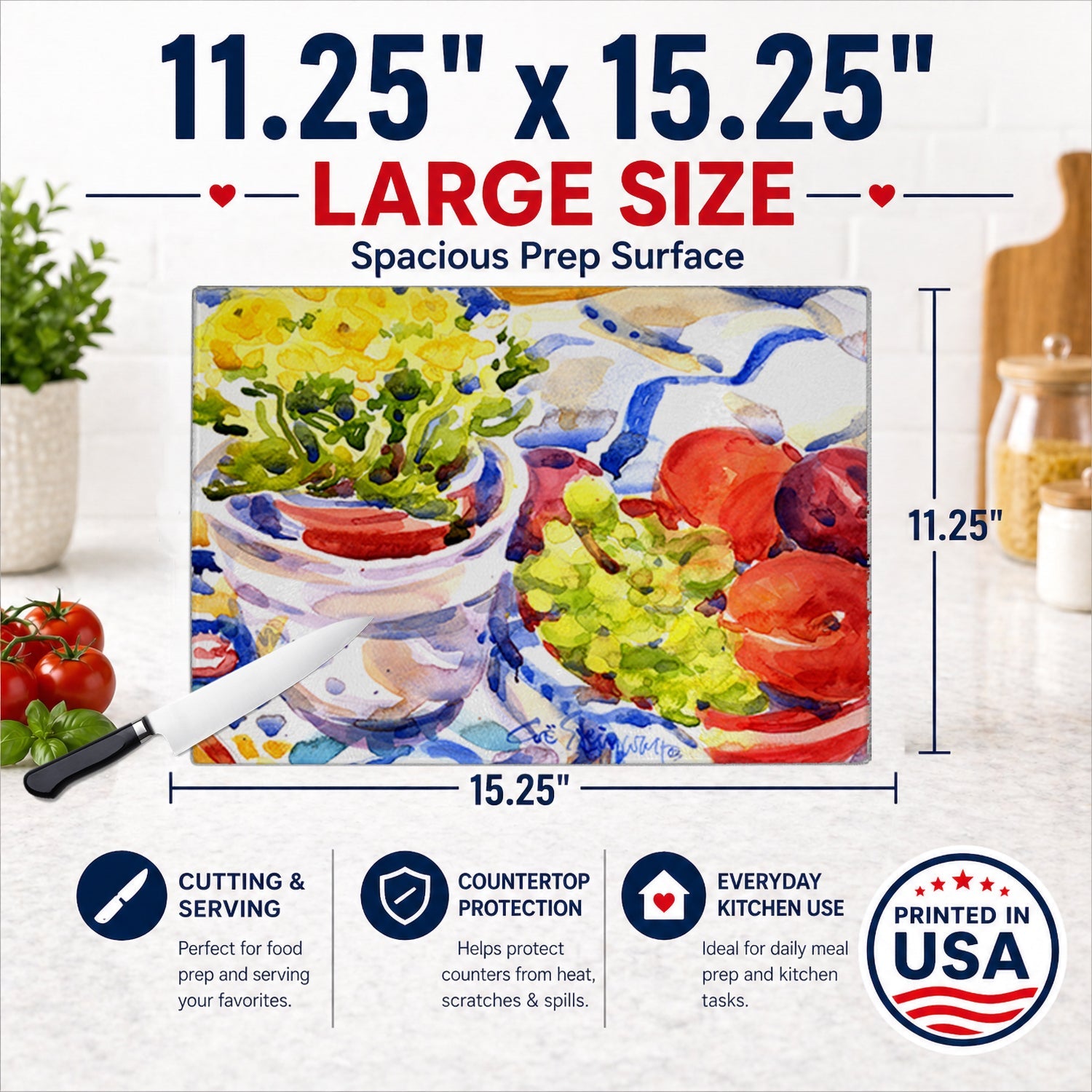Apples, Plums and Grapes with Flowers Cutting Board Tempered Glass Kitchen Cutting Surface, Heat Resistant Chopping, Non-Slip Feet, Food Prep & Serving