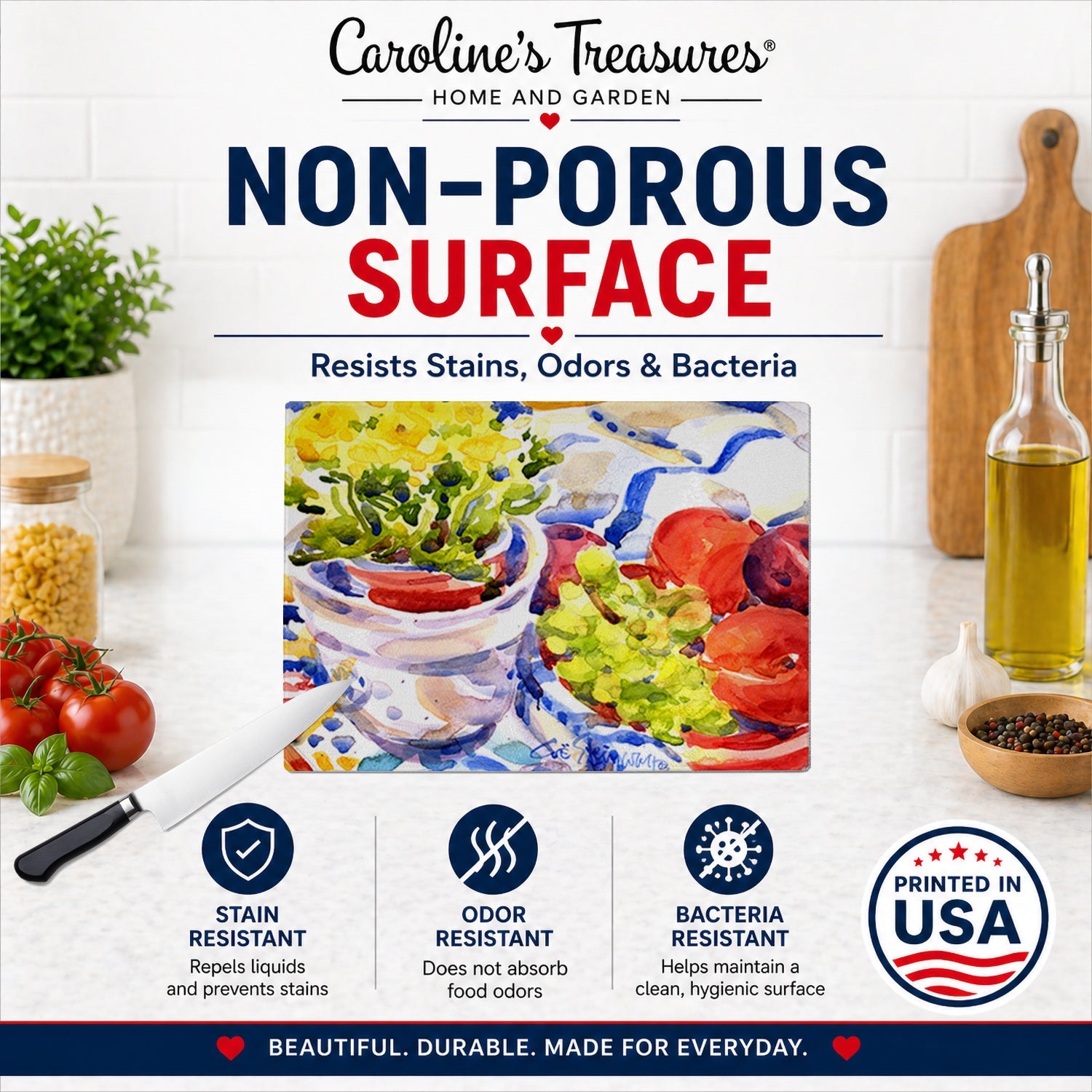 Apples, Plums and Grapes with Flowers Cutting Board Tempered Glass Kitchen Cutting Surface, Heat Resistant Chopping, Non-Slip Feet, Food Prep & Serving