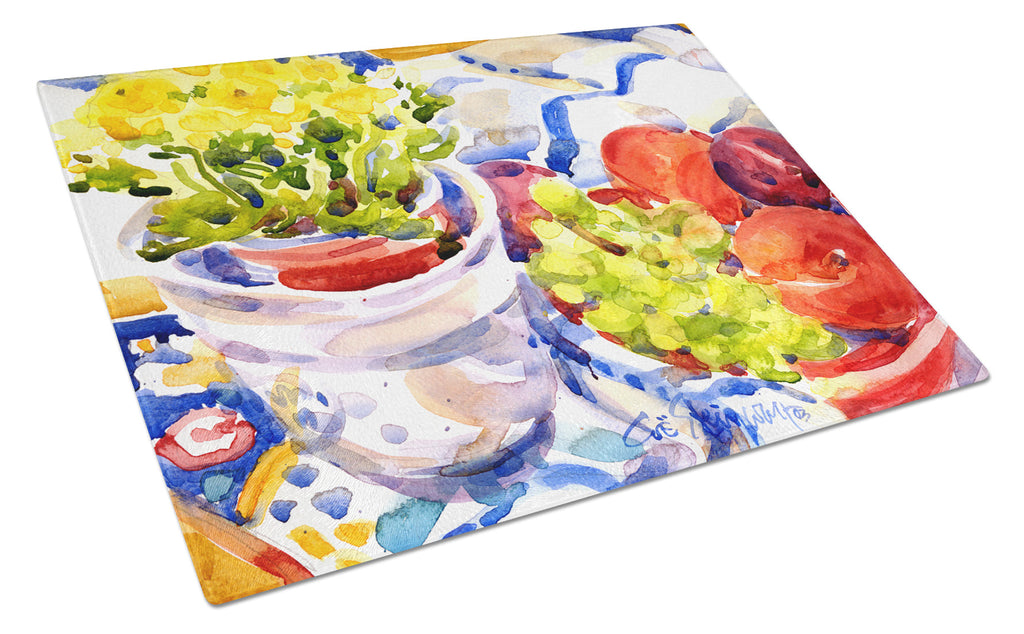 Apples, Plums and Grapes with Flowers Cutting Board Tempered Glass Kitchen Cutting Surface, Heat Resistant Chopping, Non-Slip Feet, Food Prep & Serving