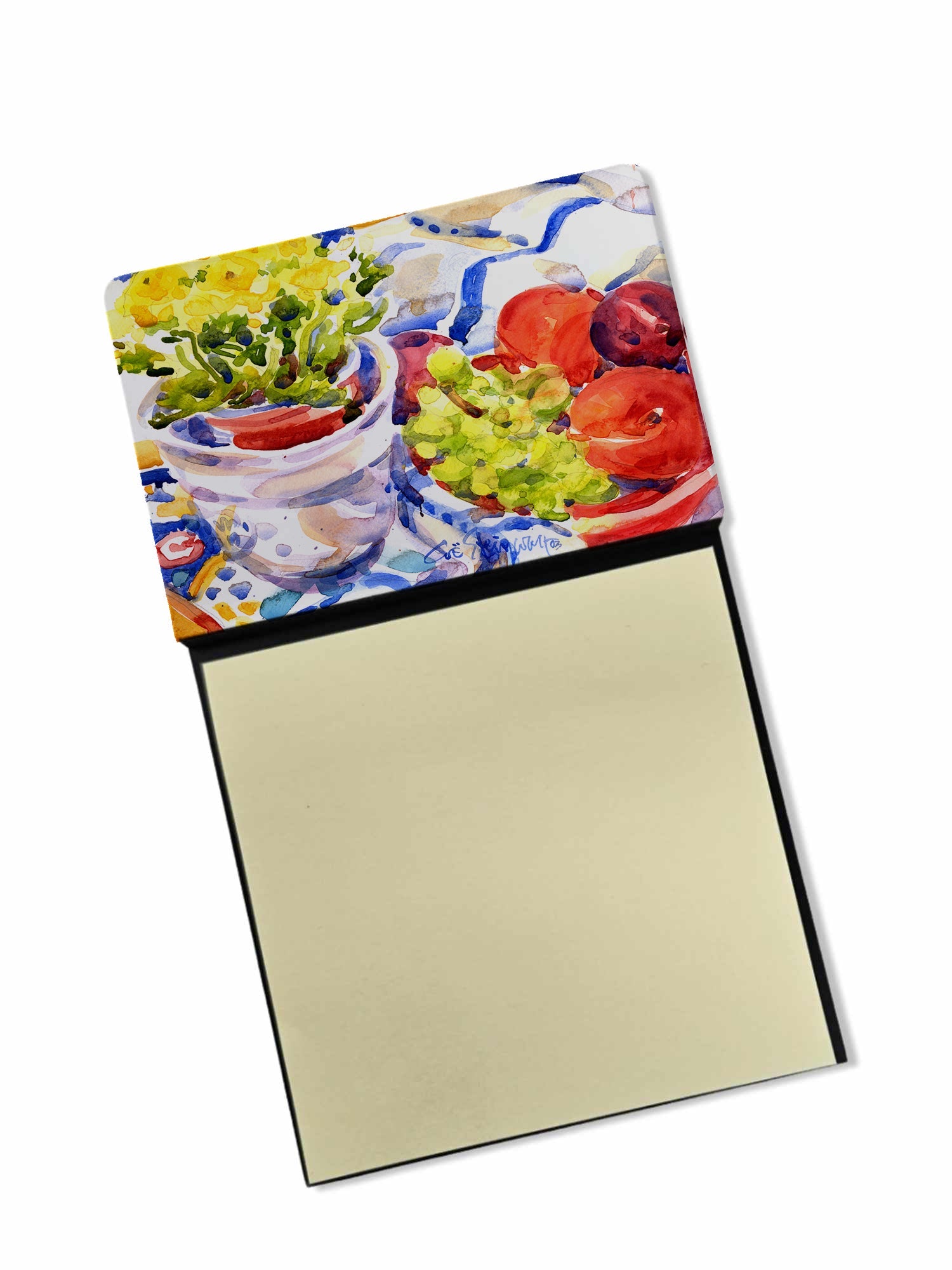 Apples, Plums and Grapes with Flowers Watercolor Sticky Note Holder Refillable Dispenser Desk Accessory 3x3 Pad Gift