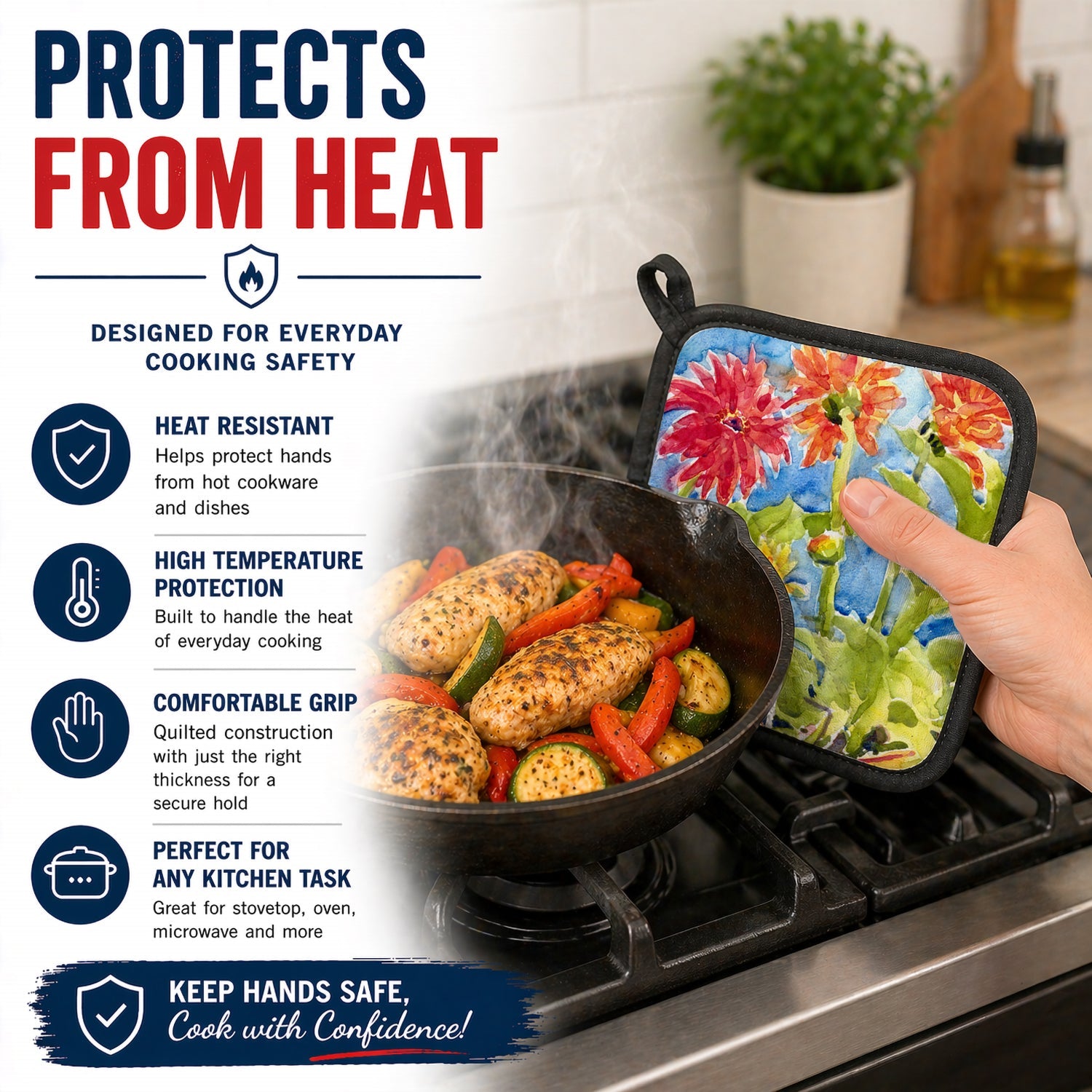Flower - Gerber Daisies Pot Holder Set of 2 Heat Resistant Quilted Hot Pads 7.5 x 7.5 Inch, Insulated Kitchen Trivets for Cooking & Baking