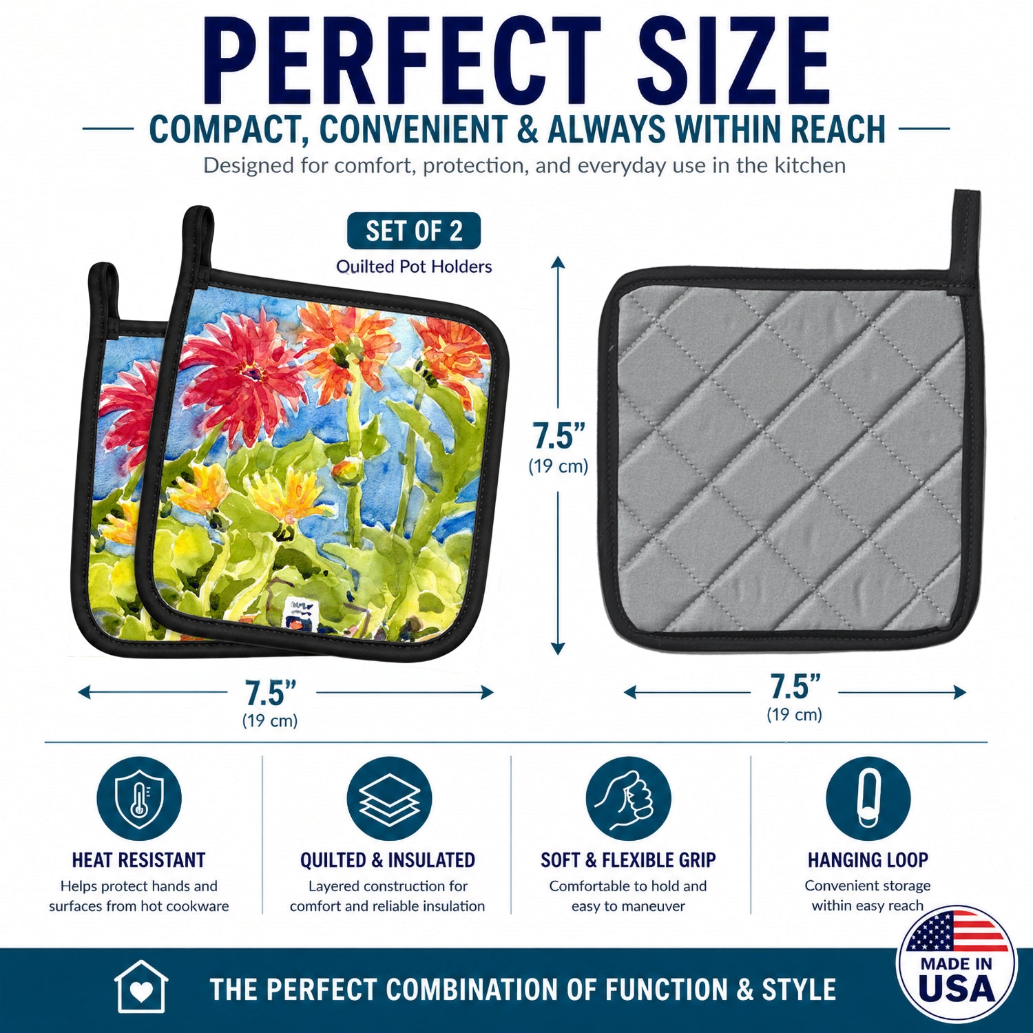 Flower - Gerber Daisies Pot Holder Set of 2 Heat Resistant Quilted Hot Pads 7.5 x 7.5 Inch, Insulated Kitchen Trivets for Cooking & Baking