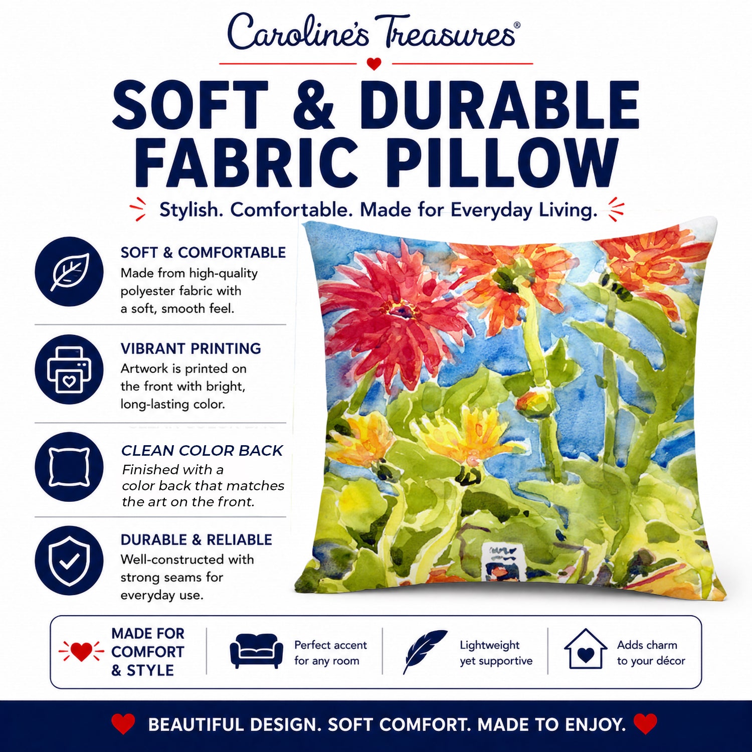 Flower - Gerber Daisies Decorative Throw Pillow 14x14 Indoor Outdoor Accent Cushion, Fabric Cover with Insert for Sofa, Bed, Porch & Living Room