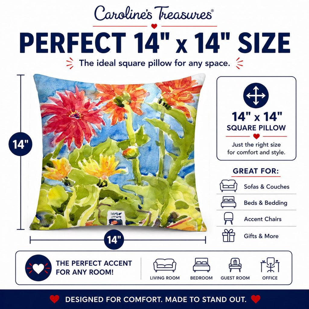 Flower - Gerber Daisies Decorative Throw Pillow 14x14 Indoor Outdoor Accent Cushion, Fabric Cover with Insert for Sofa, Bed, Porch & Living Room