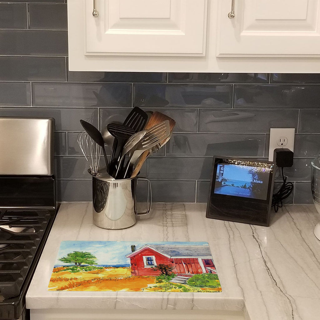 Old Red Cottage House at the lake or Beach Cutting Board Tempered Glass Kitchen Cutting Surface, Heat Resistant Chopping, Non-Slip Feet, Food Prep & Serving