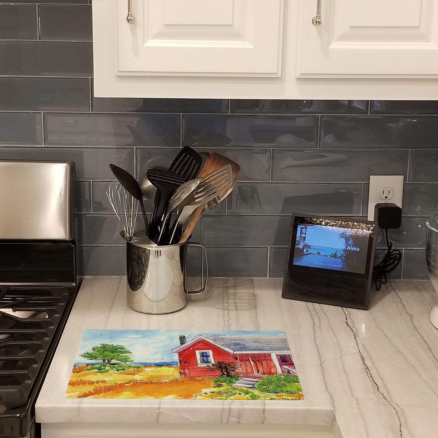 Old Red Cottage House at the lake or Beach Cutting Board Tempered Glass Kitchen Cutting Surface, Heat Resistant Chopping, Non-Slip Feet, Food Prep & Serving