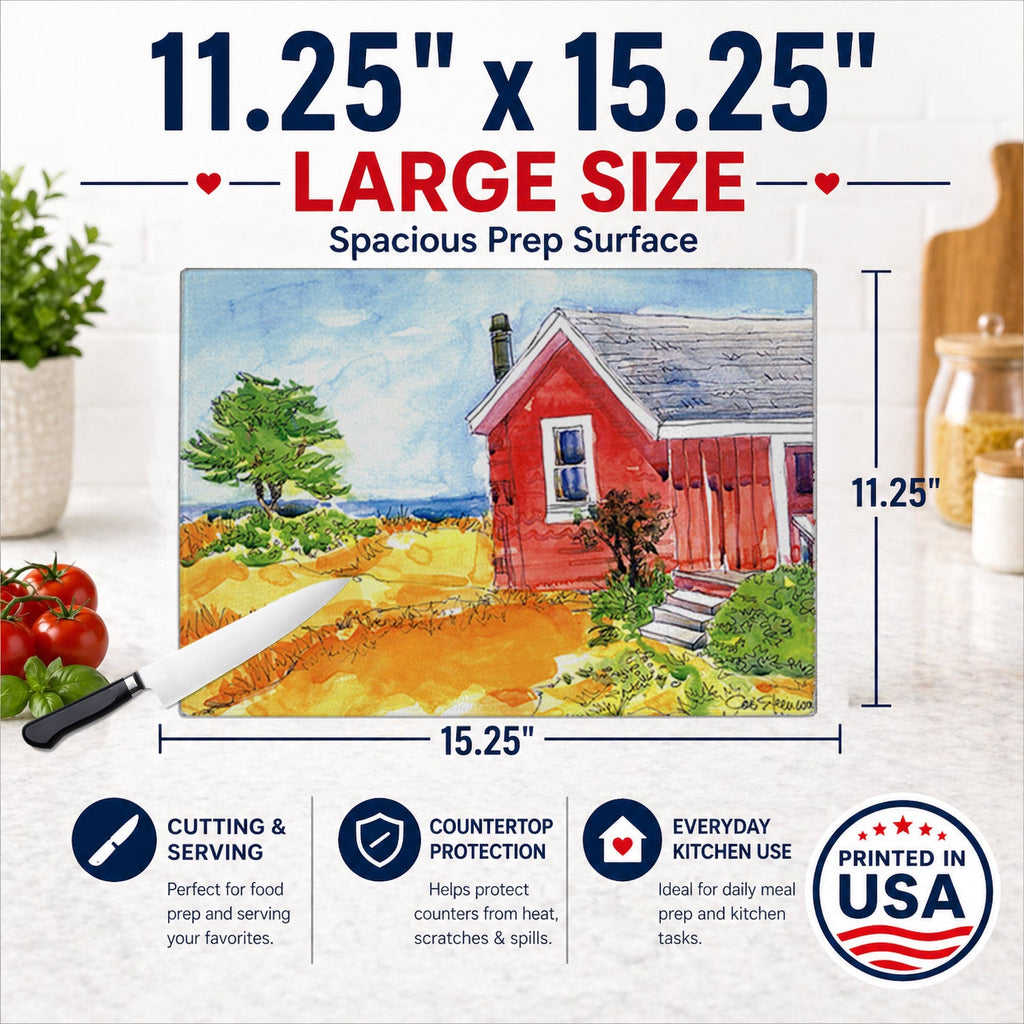 Old Red Cottage House at the lake or Beach Cutting Board Tempered Glass Kitchen Cutting Surface, Heat Resistant Chopping, Non-Slip Feet, Food Prep & Serving