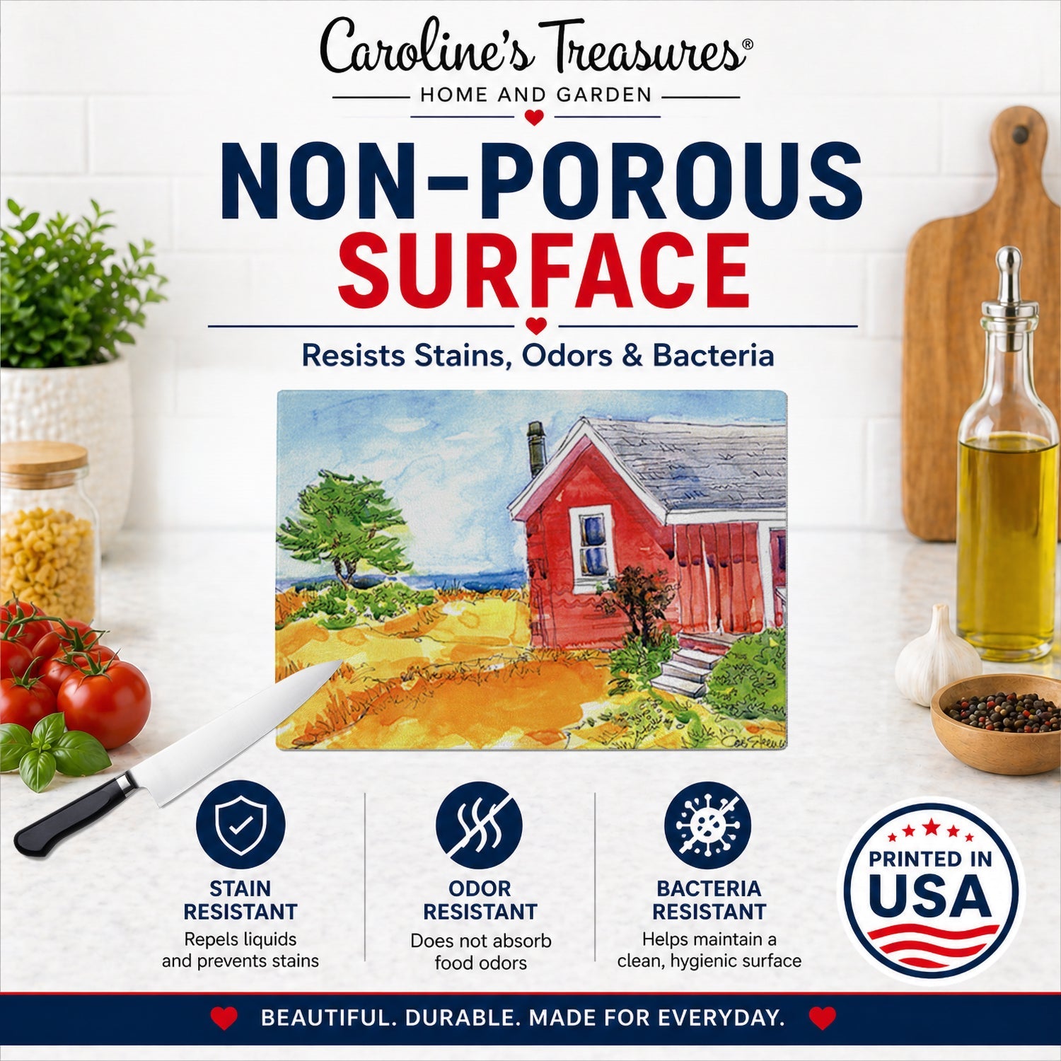 Old Red Cottage House at the lake or Beach Cutting Board Tempered Glass Kitchen Cutting Surface, Heat Resistant Chopping, Non-Slip Feet, Food Prep & Serving