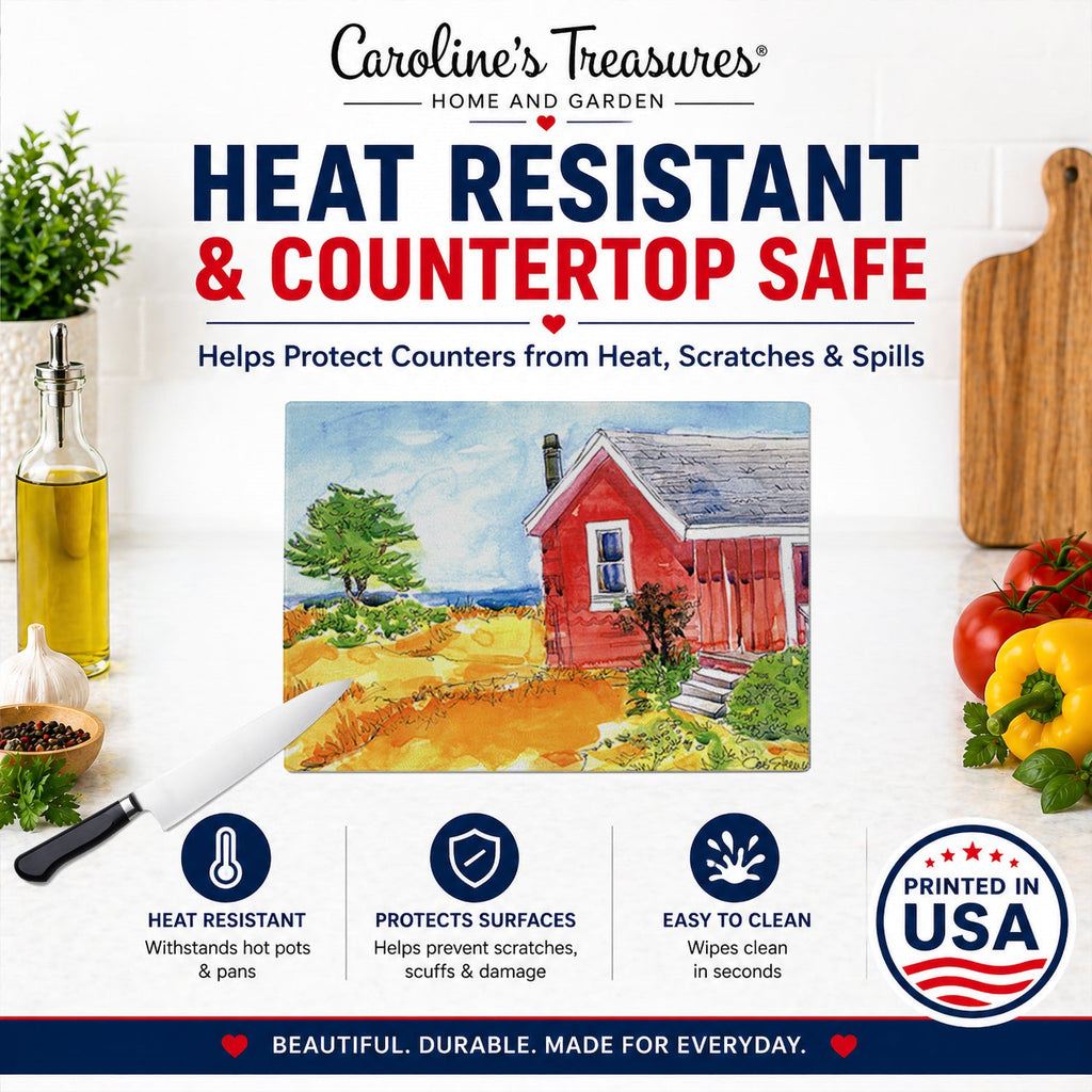 Old Red Cottage House at the lake or Beach Cutting Board Tempered Glass Kitchen Cutting Surface, Heat Resistant Chopping, Non-Slip Feet, Food Prep & Serving