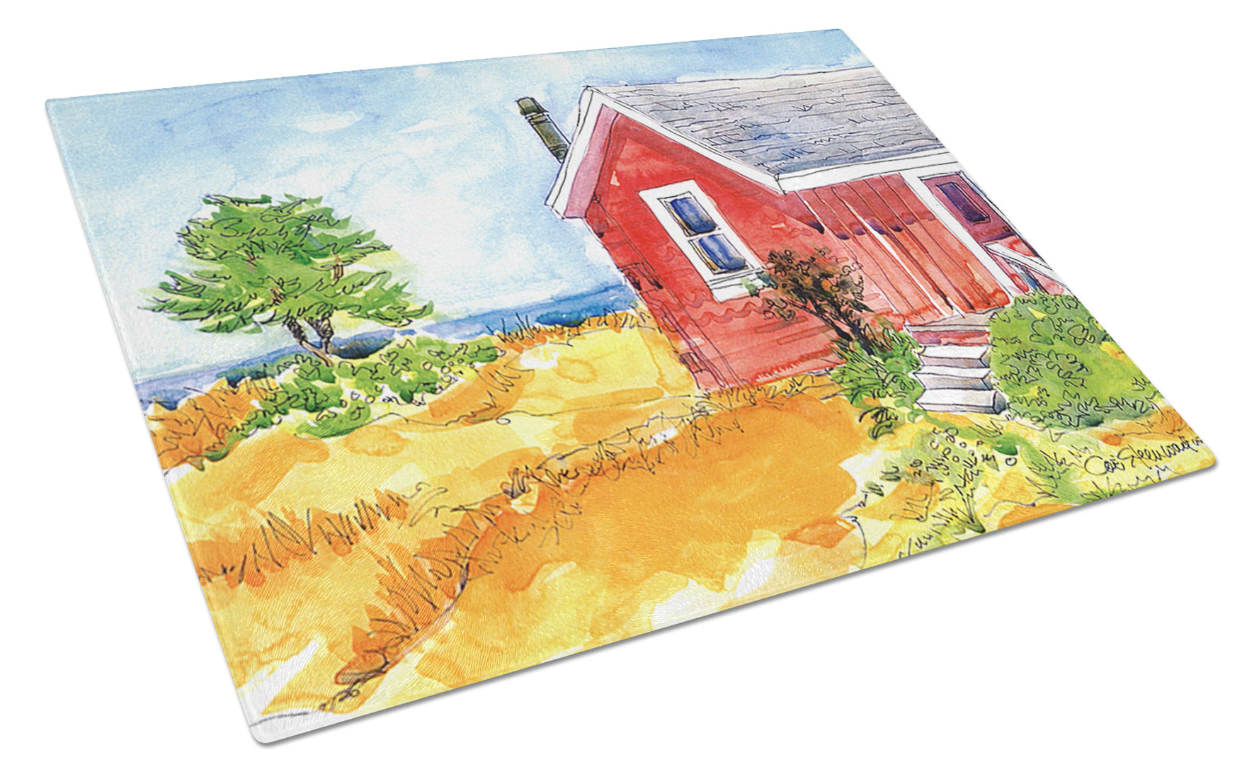 Old Red Cottage House at the lake or Beach Cutting Board Tempered Glass Kitchen Cutting Surface, Heat Resistant Chopping, Non-Slip Feet, Food Prep & Serving
