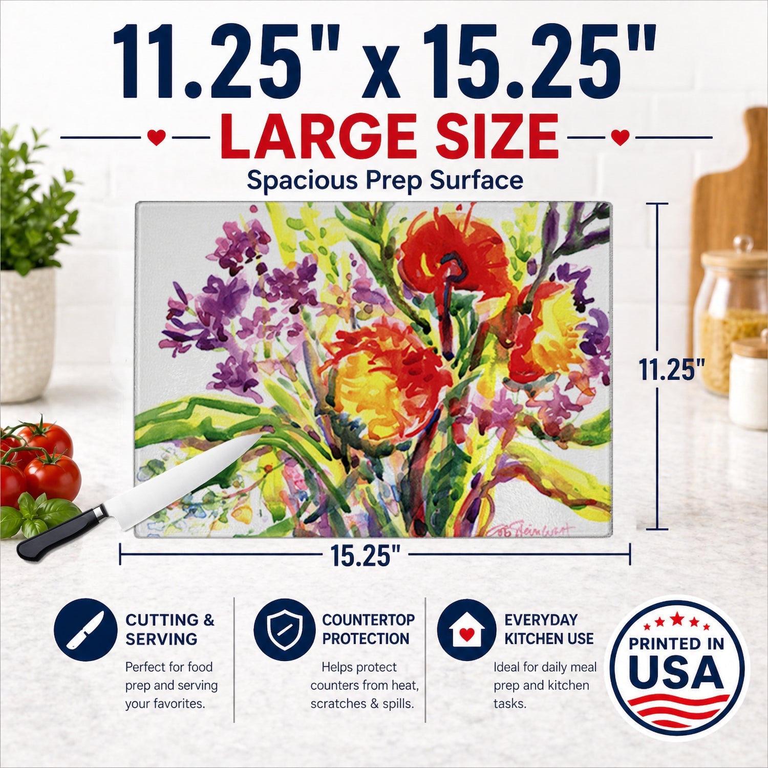 Flower Cutting Board Tempered Glass Kitchen Cutting Surface, Heat Resistant Chopping, Non-Slip Feet, Food Prep & Serving