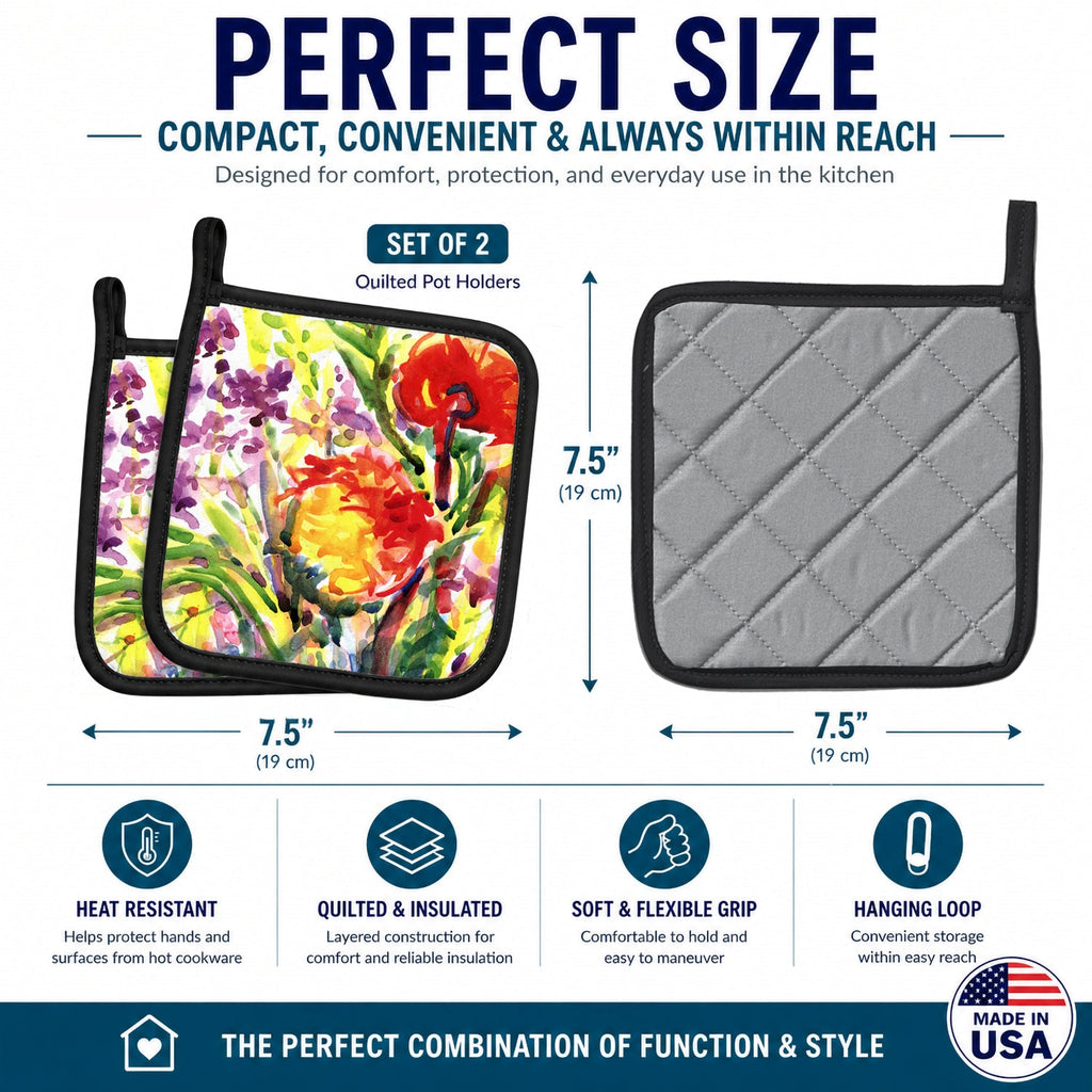 Flower Pot Holder Set of 2 Heat Resistant Quilted Hot Pads 7.5 x 7.5 Inch, Insulated Kitchen Trivets for Cooking & Baking