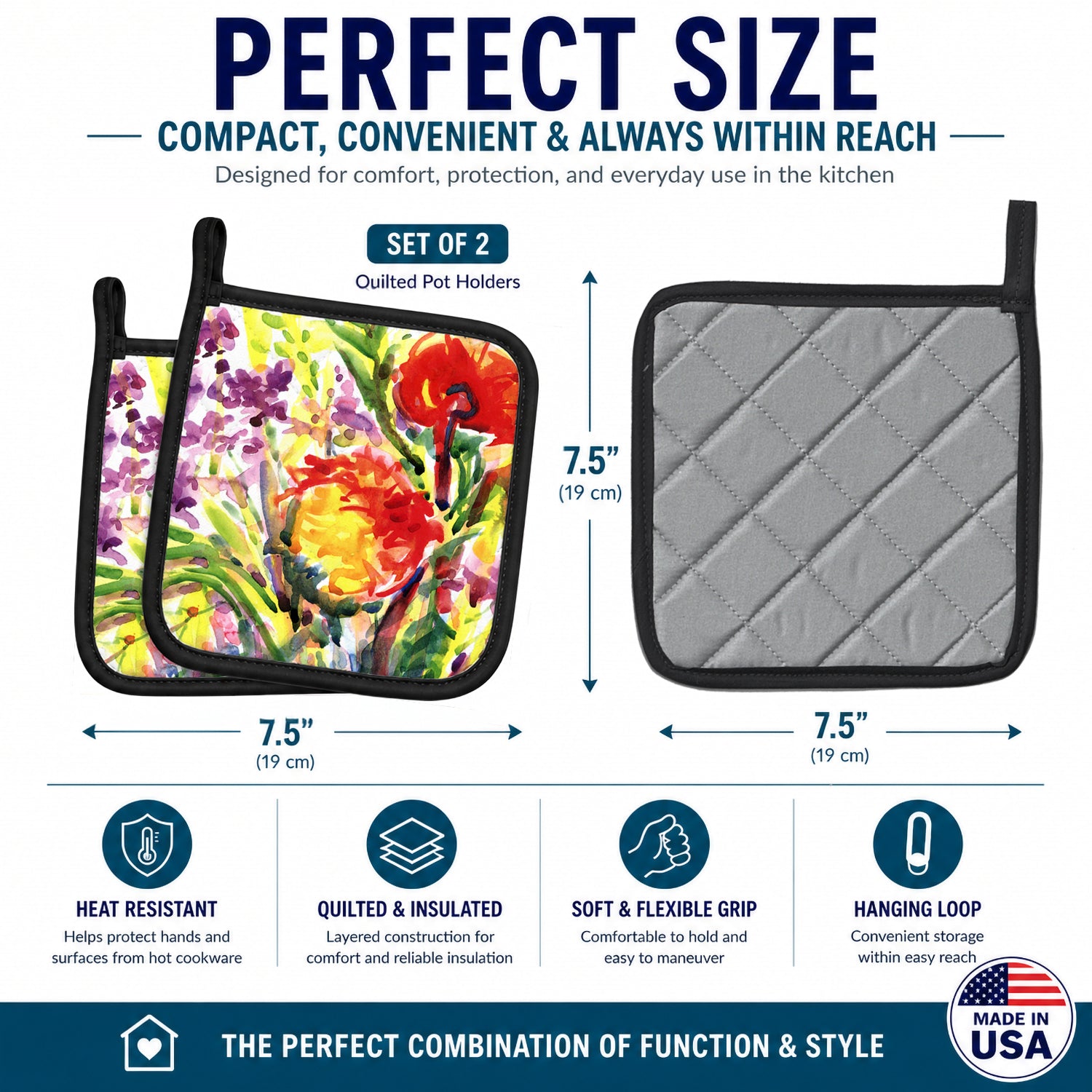 Flower Pot Holder Set of 2 Heat Resistant Quilted Hot Pads 7.5 x 7.5 Inch, Insulated Kitchen Trivets for Cooking & Baking