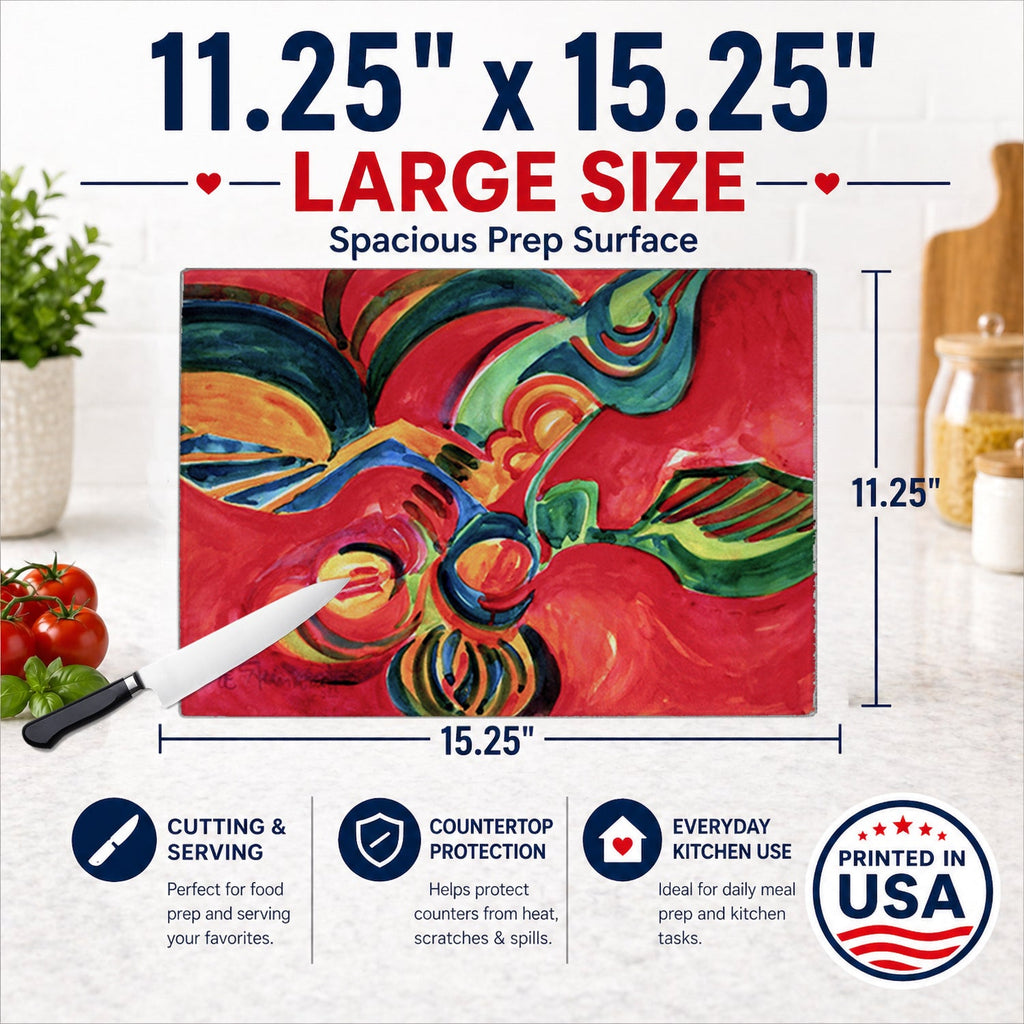 Red Flowers and berries Cutting Board Tempered Glass Kitchen Cutting Surface, Heat Resistant Chopping, Non-Slip Feet, Food Prep & Serving