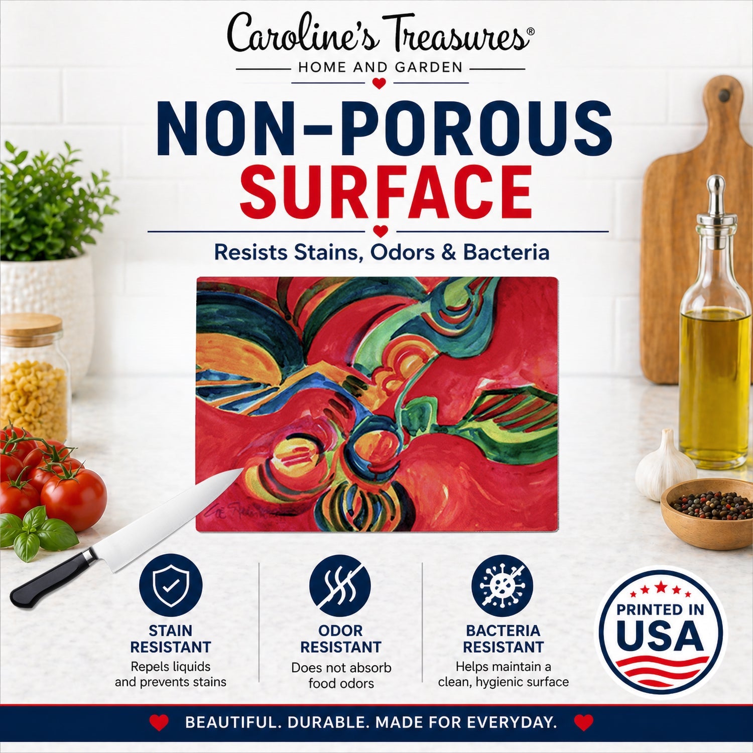 Red Flowers and berries Cutting Board Tempered Glass Kitchen Cutting Surface, Heat Resistant Chopping, Non-Slip Feet, Food Prep & Serving