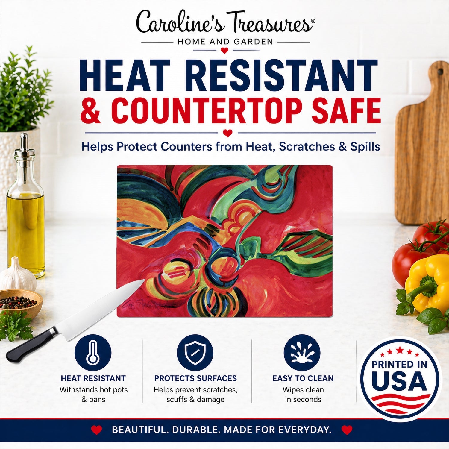 Red Flowers and berries Cutting Board Tempered Glass Kitchen Cutting Surface, Heat Resistant Chopping, Non-Slip Feet, Food Prep & Serving