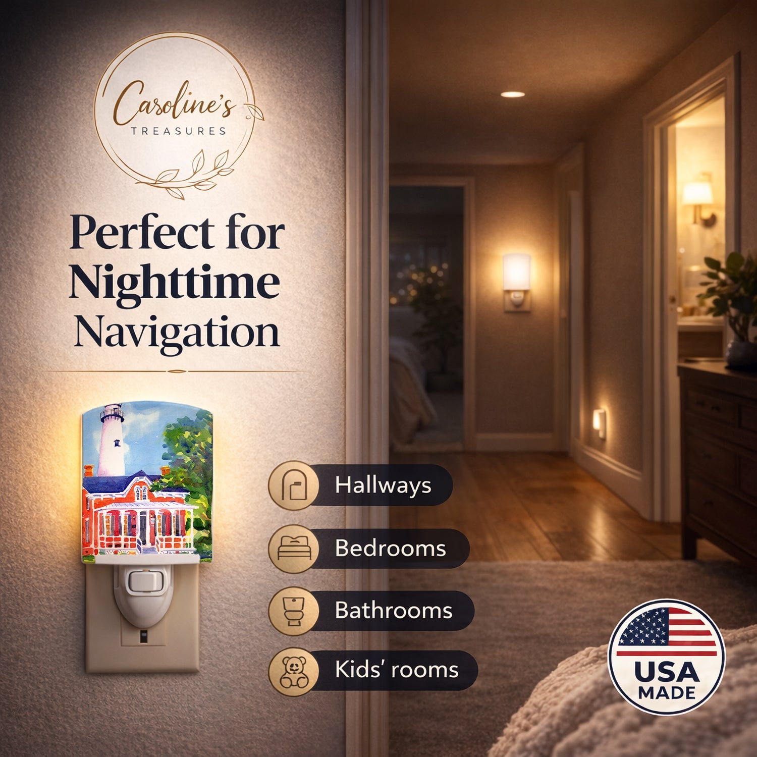 Lighthouse Ceramic Night Light Compact, UL-Certified, Ideal for Bedroom, Bathroom, Nursery, Hallway, Kitchen, 6x4x3, Multicolor