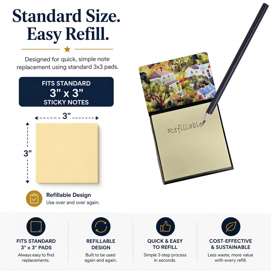 Houses Watercolor Sticky Note Holder Refillable Dispenser Desk Accessory 3x3 Pad Gift
