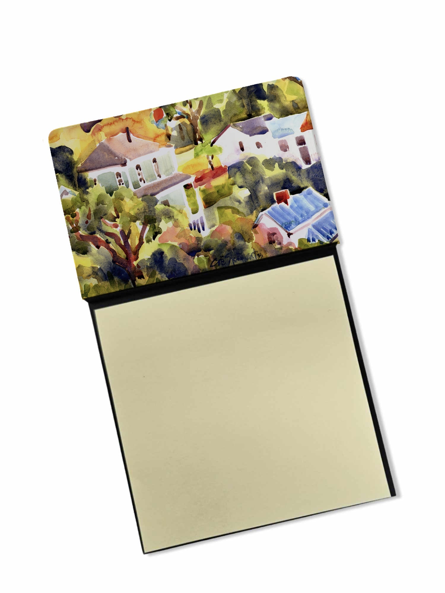 Houses Watercolor Sticky Note Holder Refillable Dispenser Desk Accessory 3x3 Pad Gift