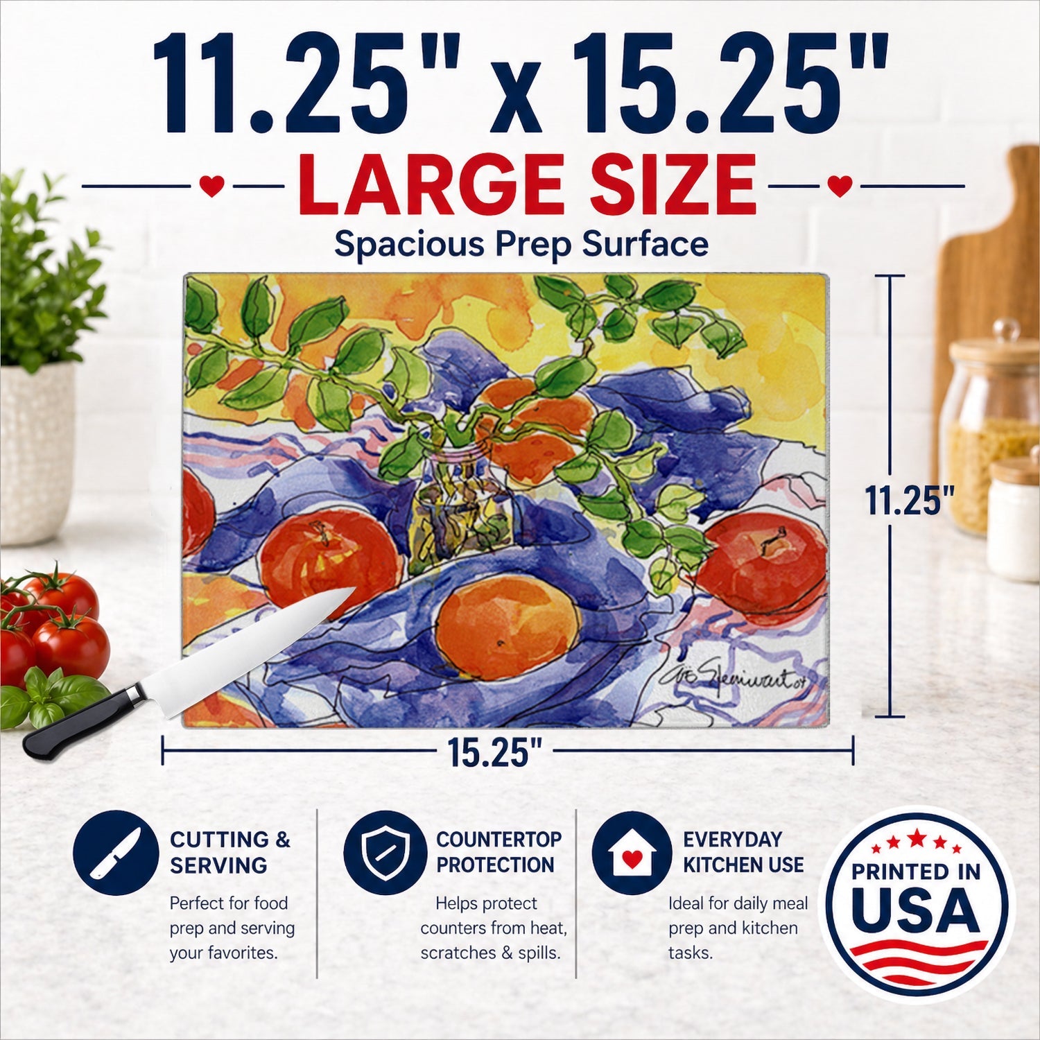 Apples Cutting Board Tempered Glass Kitchen Cutting Surface, Heat Resistant Chopping, Non-Slip Feet, Food Prep & Serving