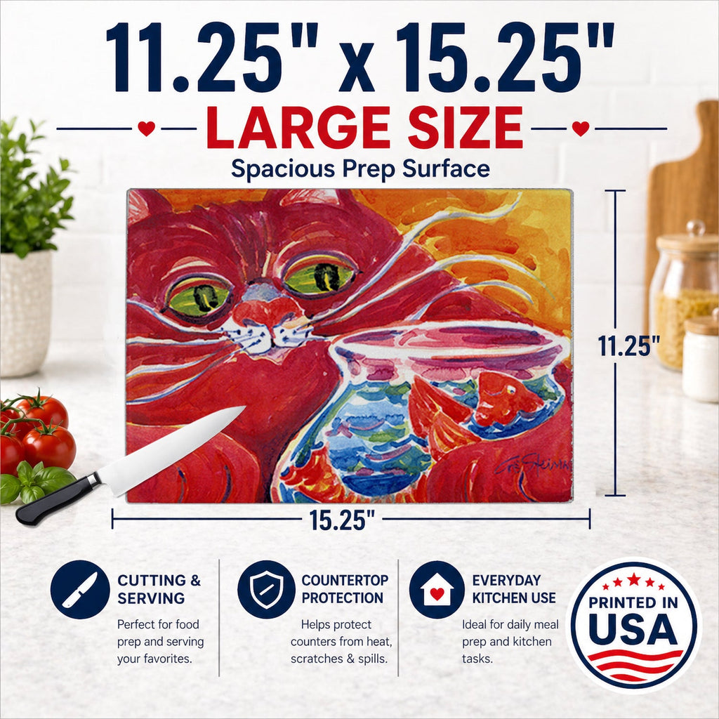 Big Red Cat at the fishbowl Cutting Board Tempered Glass Kitchen Cutting Surface, Heat Resistant Chopping, Non-Slip Feet, Food Prep & Serving