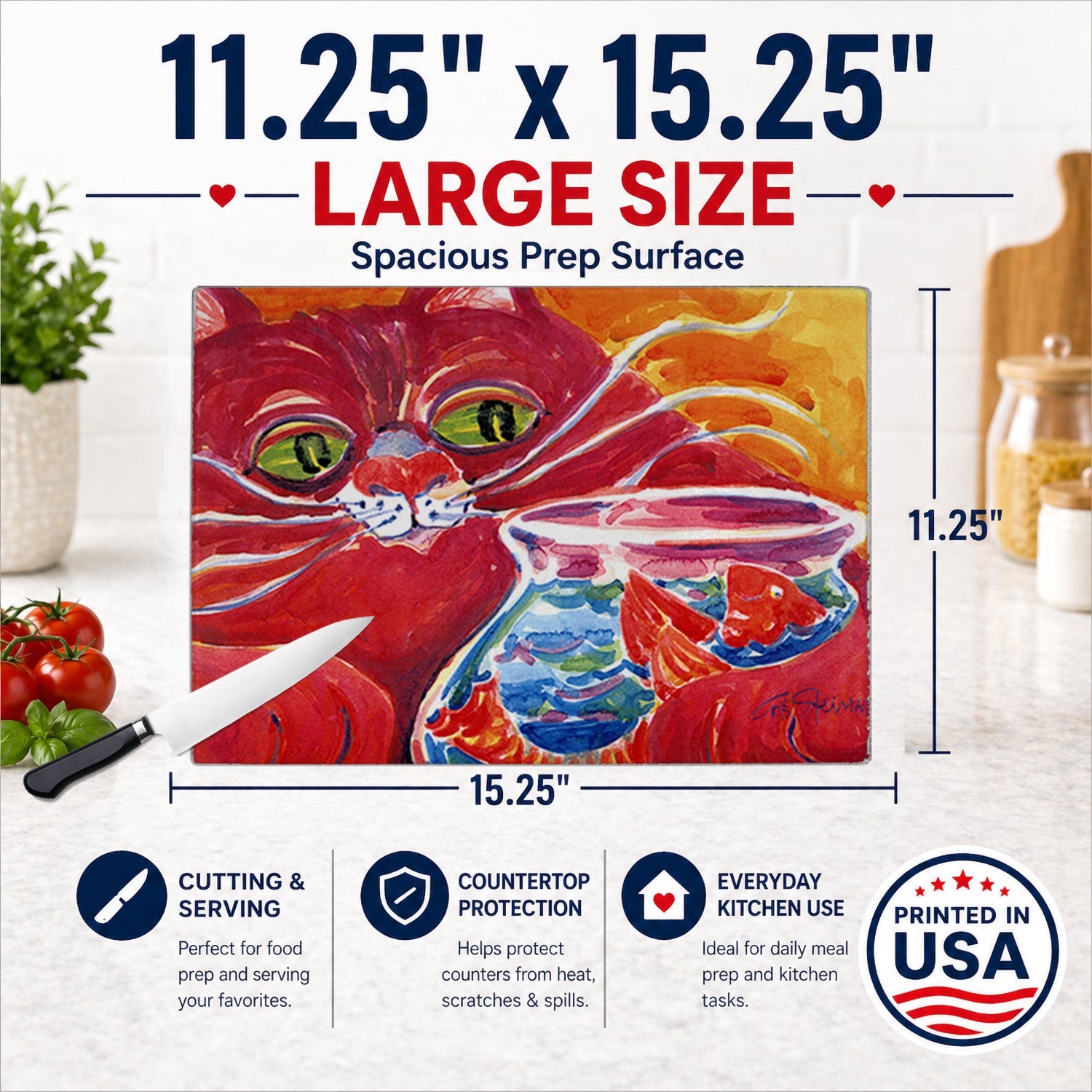 Big Red Cat at the fishbowl Cutting Board Tempered Glass Kitchen Cutting Surface, Heat Resistant Chopping, Non-Slip Feet, Food Prep & Serving