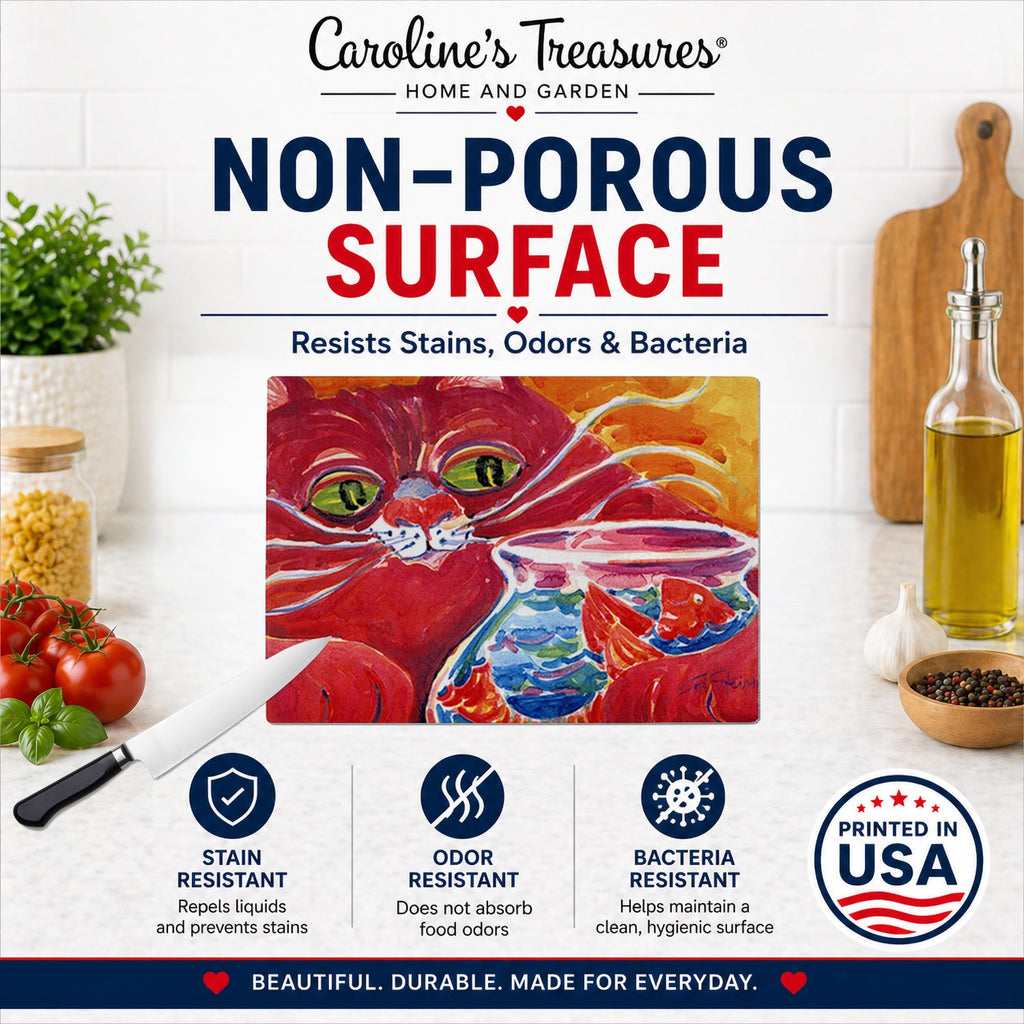 Big Red Cat at the fishbowl Cutting Board Tempered Glass Kitchen Cutting Surface, Heat Resistant Chopping, Non-Slip Feet, Food Prep & Serving