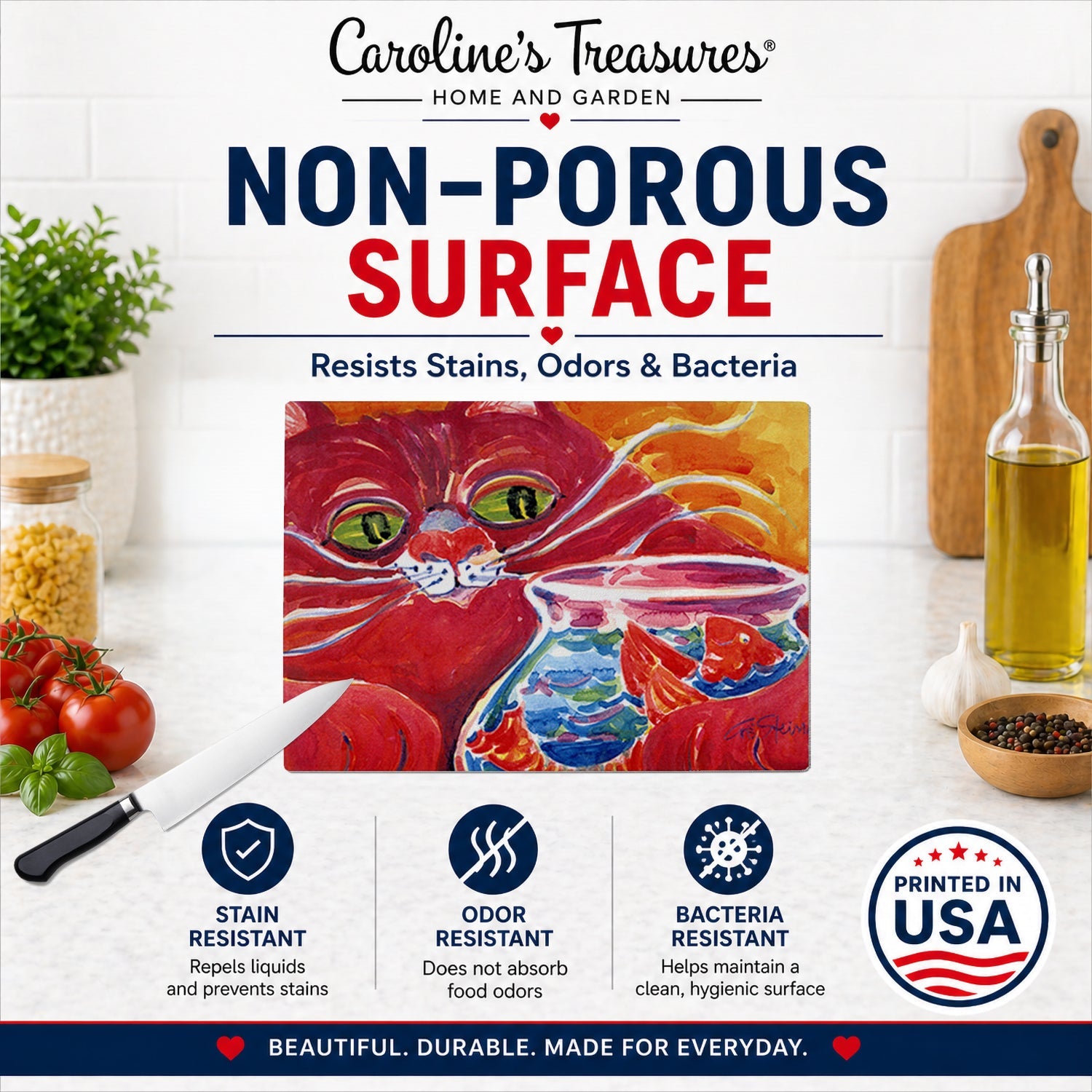 Big Red Cat at the fishbowl Cutting Board Tempered Glass Kitchen Cutting Surface, Heat Resistant Chopping, Non-Slip Feet, Food Prep & Serving