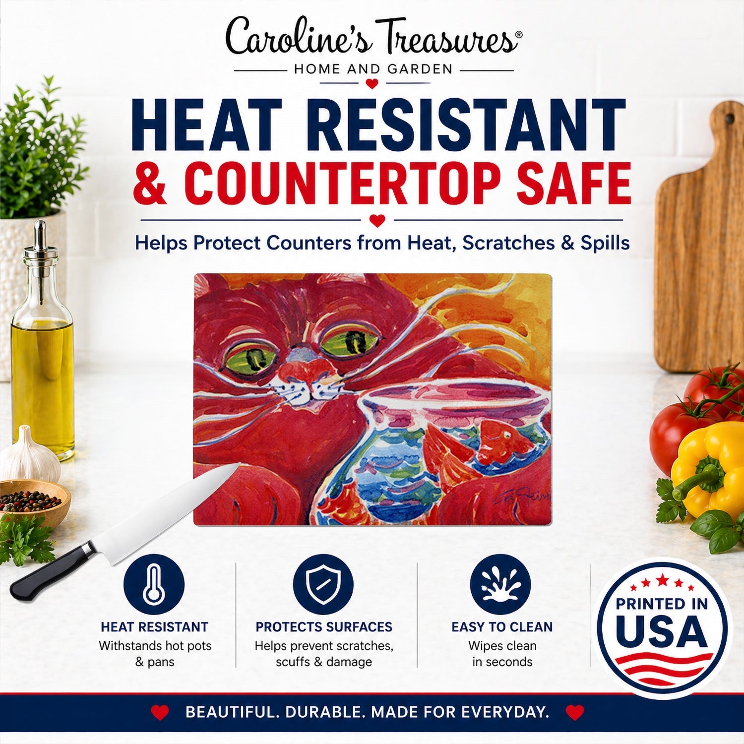 Big Red Cat at the fishbowl Cutting Board Tempered Glass Kitchen Cutting Surface, Heat Resistant Chopping, Non-Slip Feet, Food Prep & Serving