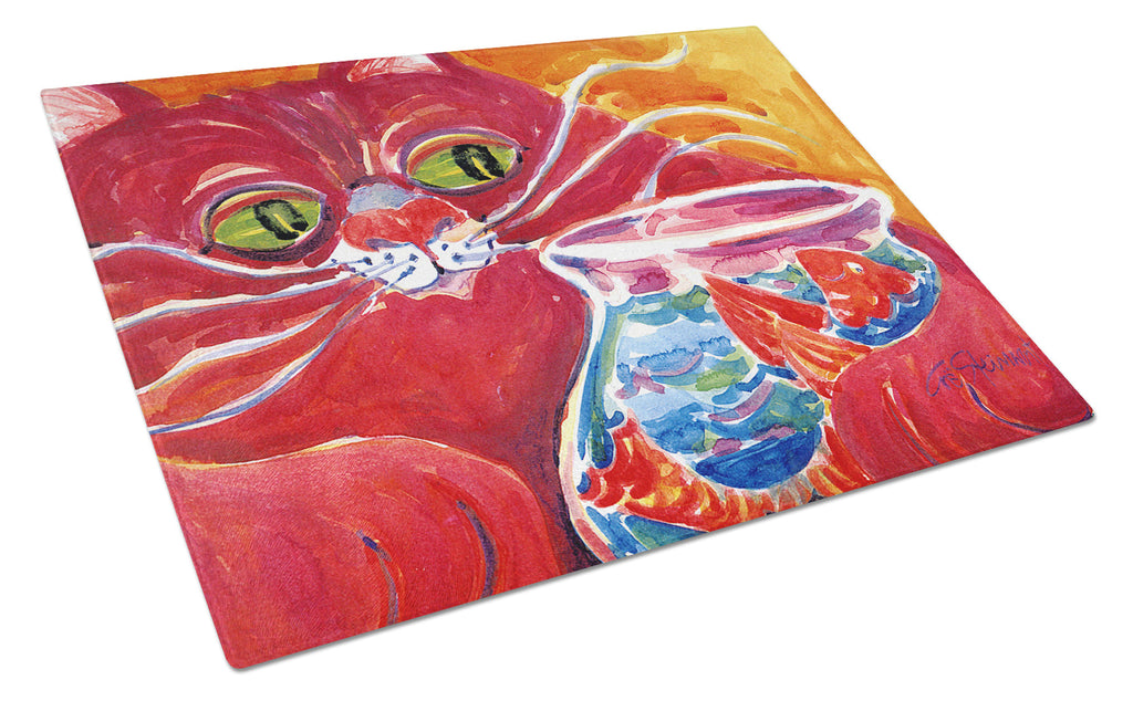 Big Red Cat at the fishbowl Cutting Board Tempered Glass Kitchen Cutting Surface, Heat Resistant Chopping, Non-Slip Feet, Food Prep & Serving