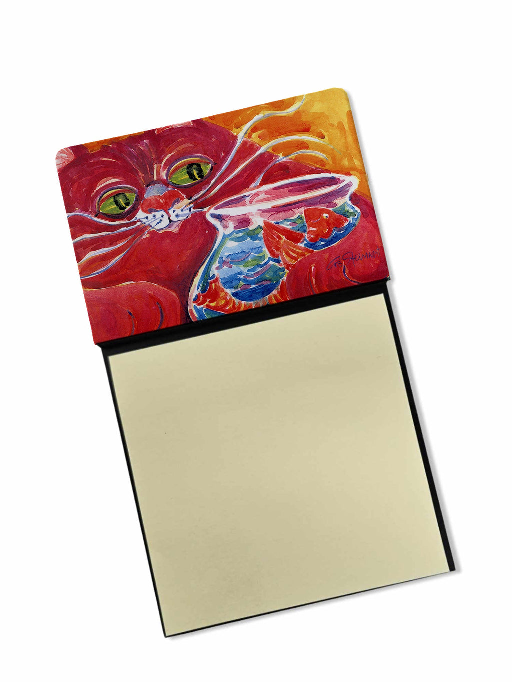 Big Red Cat at the fishbowl Watercolor Sticky Note Holder Refillable Dispenser Desk Accessory 3x3 Pad Gift