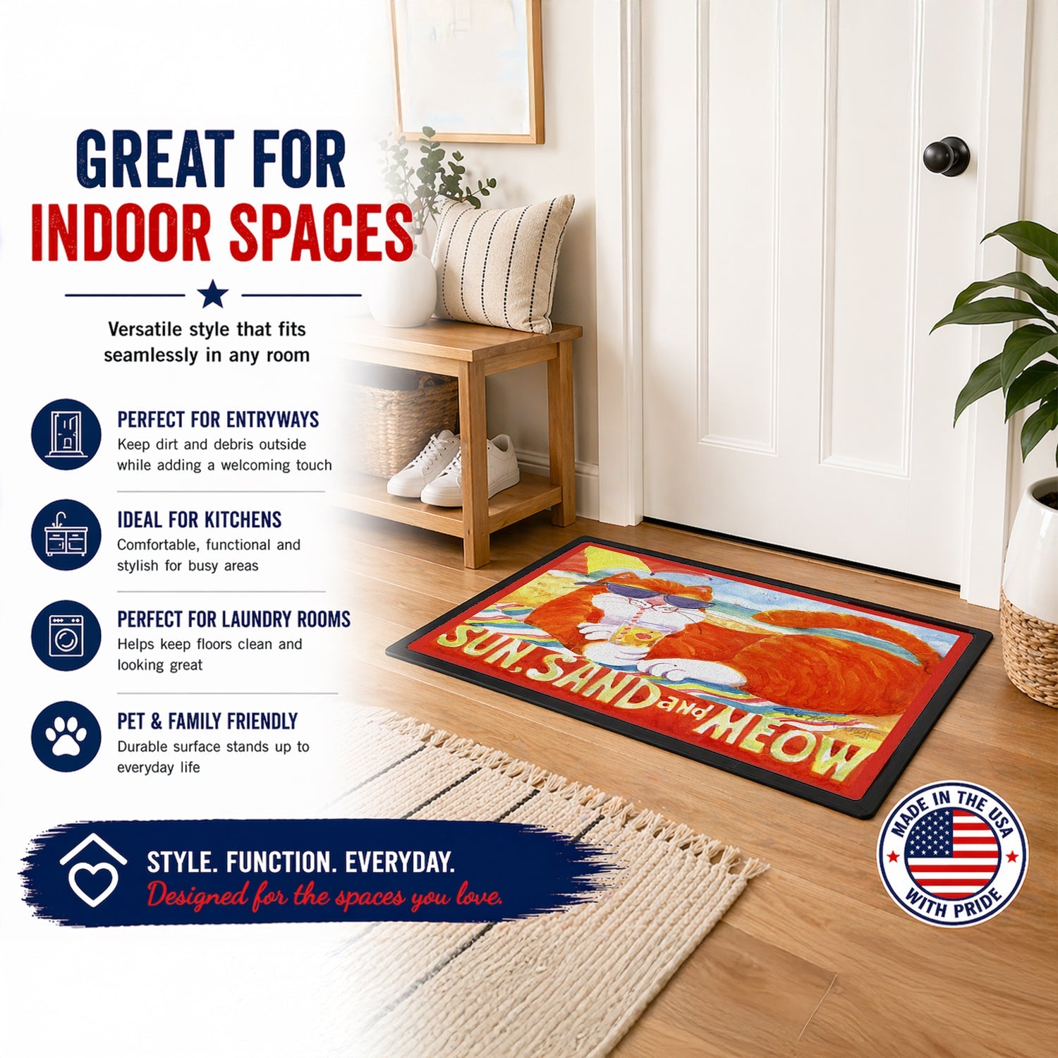 Orange Tabby at the beach Doormat Indoor Outdoor 24H X 36W Front Door Mat Rugs for Entryway, Non Slip Washable Low Pile,