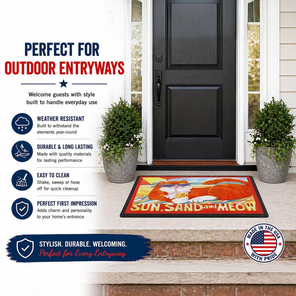 Orange Tabby at the beach Doormat Indoor Outdoor 18H X 27W Front Door Mat Rugs for Entryway, Non Slip Washable