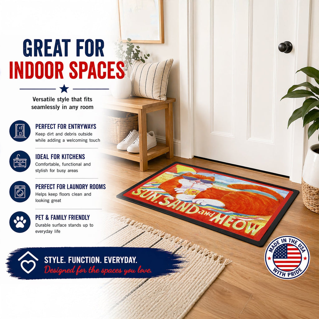 Orange Tabby at the beach Doormat Indoor Outdoor 18H X 27W Front Door Mat Rugs for Entryway, Non Slip Washable