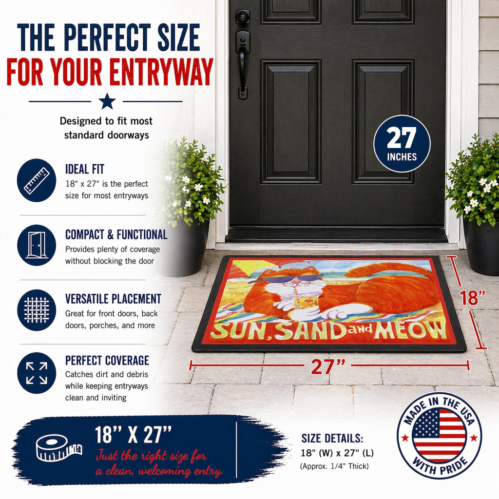 Orange Tabby at the beach Doormat Indoor Outdoor 18H X 27W Front Door Mat Rugs for Entryway, Non Slip Washable