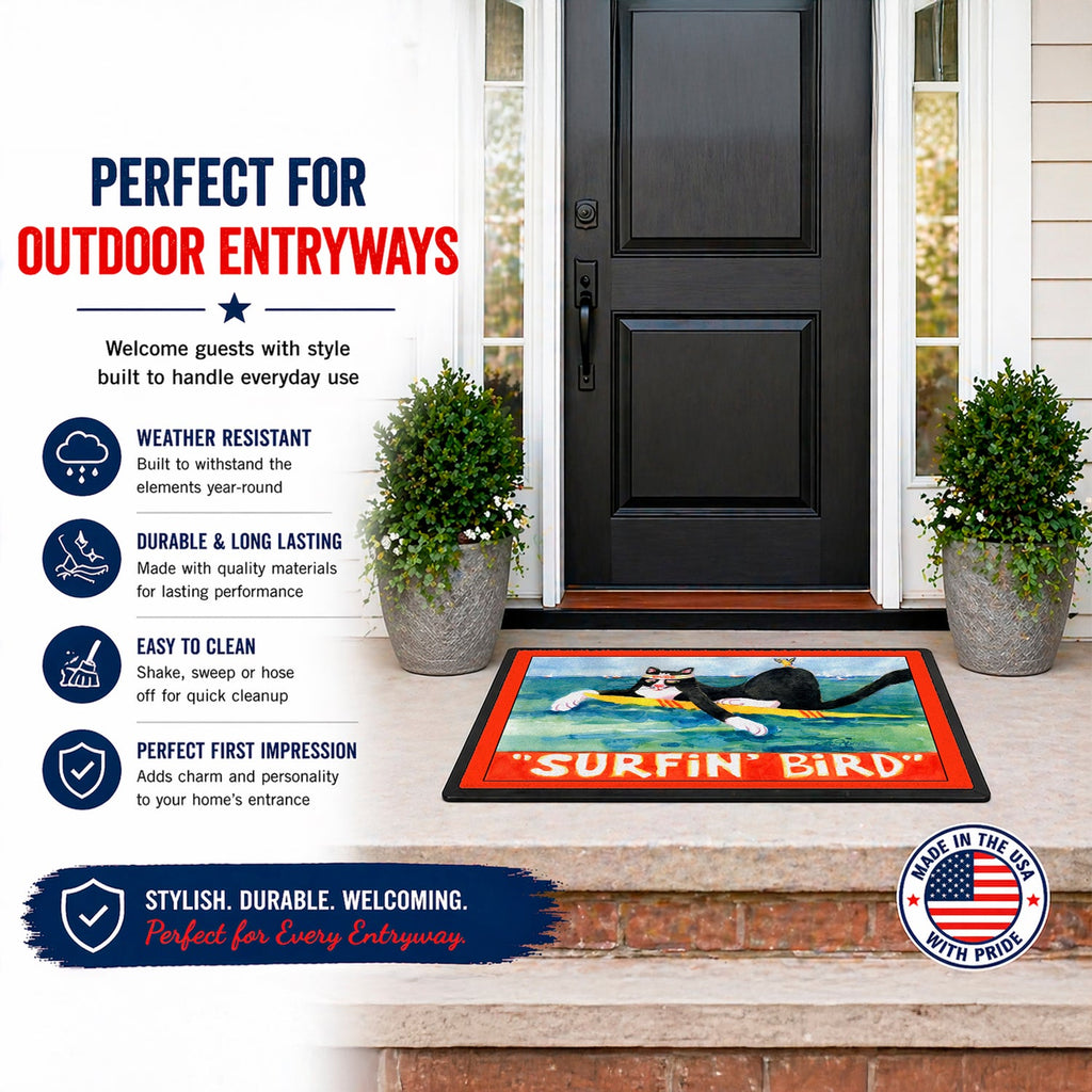 Black and white Cat Surfin Bird Doormat Indoor Outdoor 24H X 36W Front Door Mat Rugs for Entryway, Non Slip Washable Low Pile,