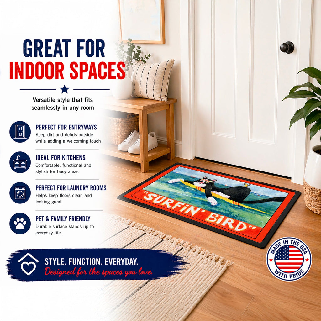 Black and white Cat Surfin Bird Doormat Indoor Outdoor 24H X 36W Front Door Mat Rugs for Entryway, Non Slip Washable Low Pile,