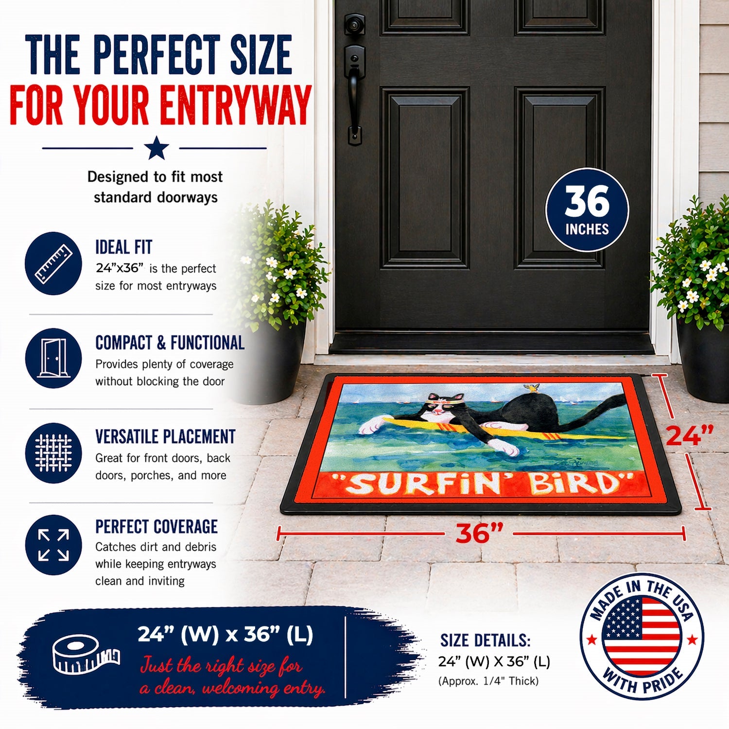 Black and white Cat Surfin Bird Doormat Indoor Outdoor 24H X 36W Front Door Mat Rugs for Entryway, Non Slip Washable Low Pile,