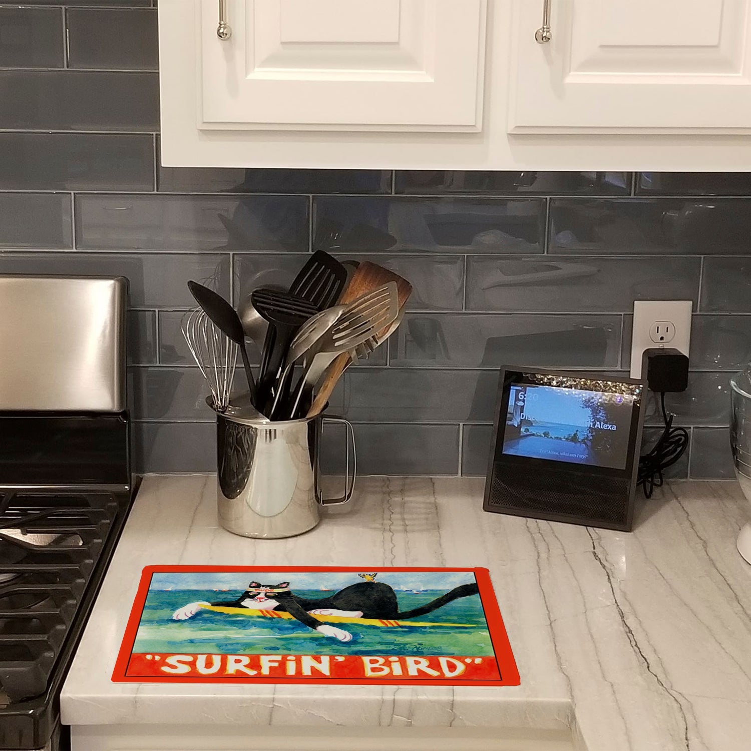 Black and white Cat Surfin Bird Cutting Board Tempered Glass Kitchen Cutting Surface, Heat Resistant Chopping, Non-Slip Feet, Food Prep & Serving